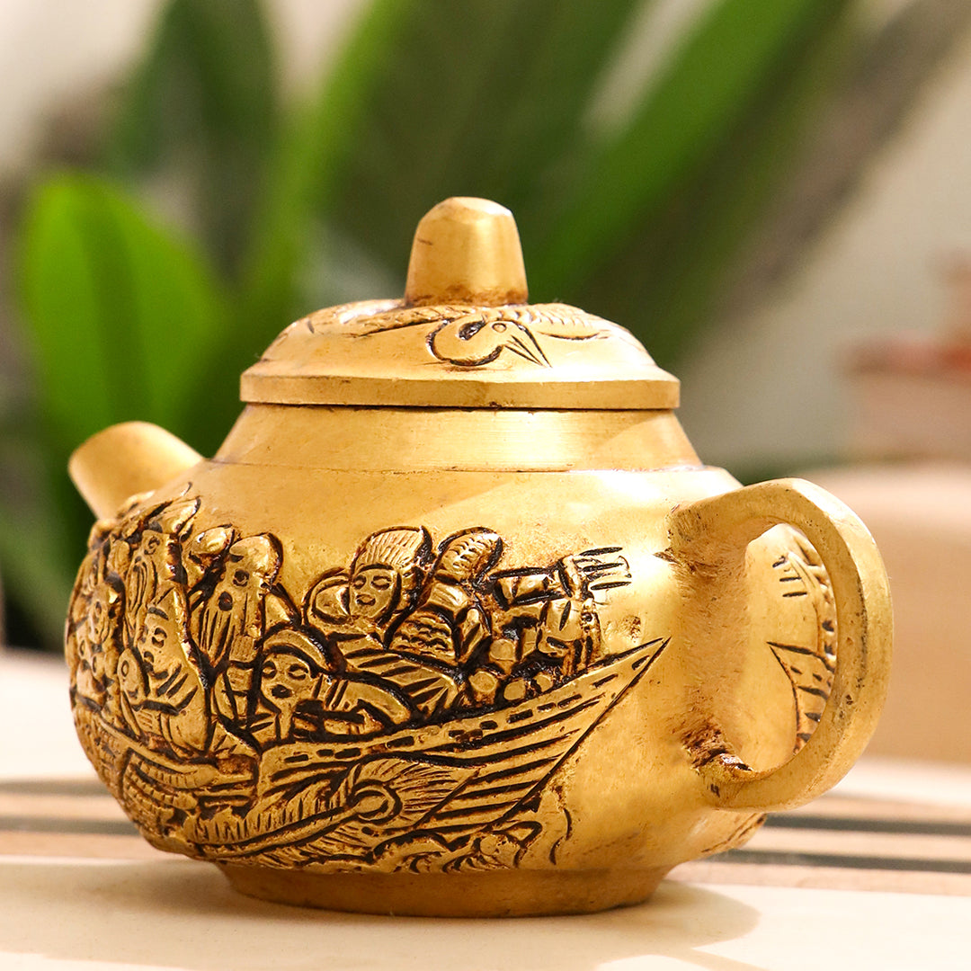 Handcrafted Brass Tea Kettle with Engraved Village Scene – Decorative Antique Patina – Image 4