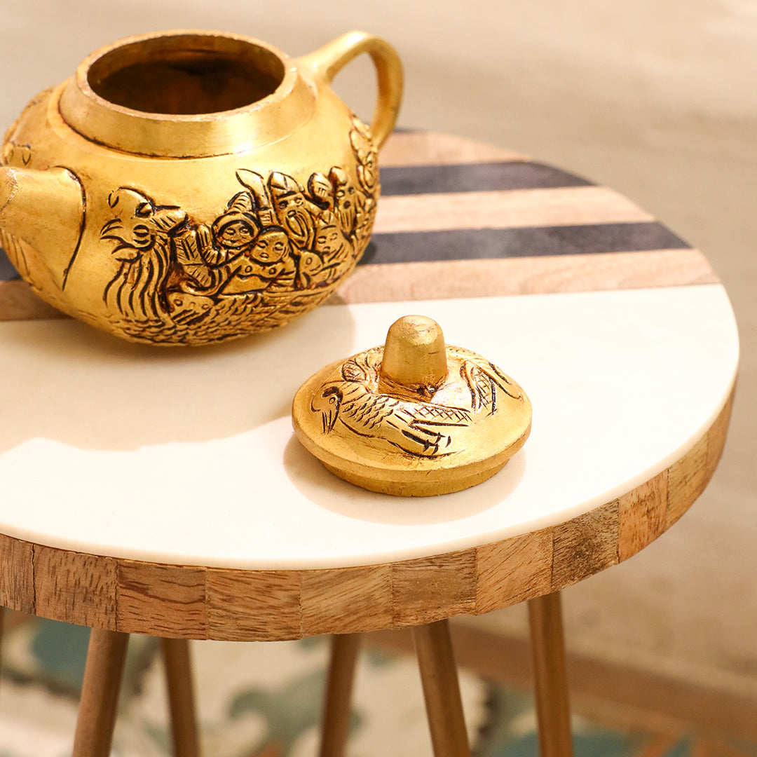 Handcrafted Brass Tea Kettle with Engraved Village Scene – Decorative Antique Patina – Image 5 - Image 5