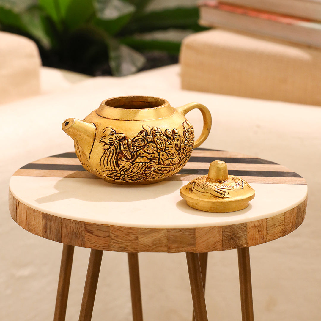 Handcrafted Brass Tea Kettle with Engraved Village Scene – Decorative Antique Patina – Image 6 - Image 6