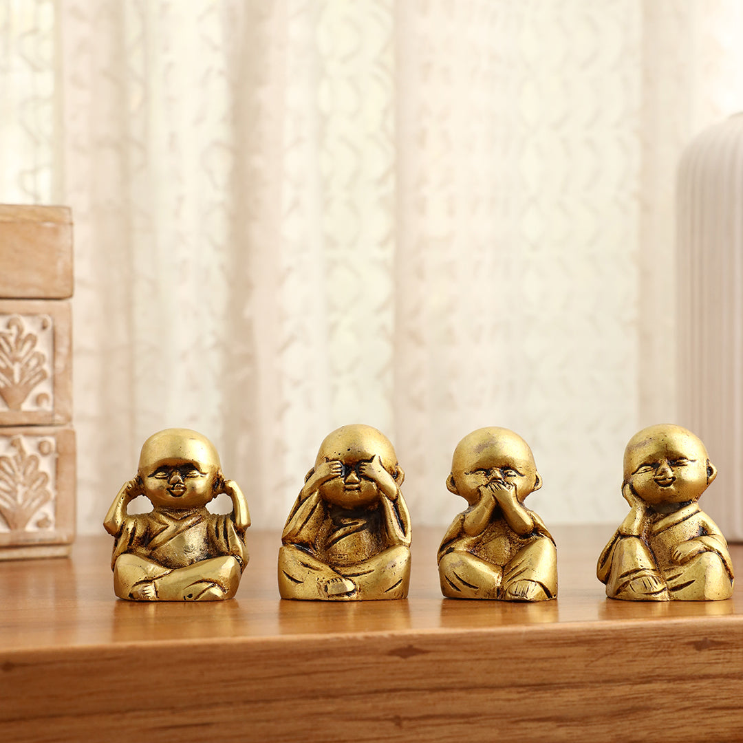 Brass Baby Monk Buddha Statues – Set of 4 - Eco-friendly - Sama Homes