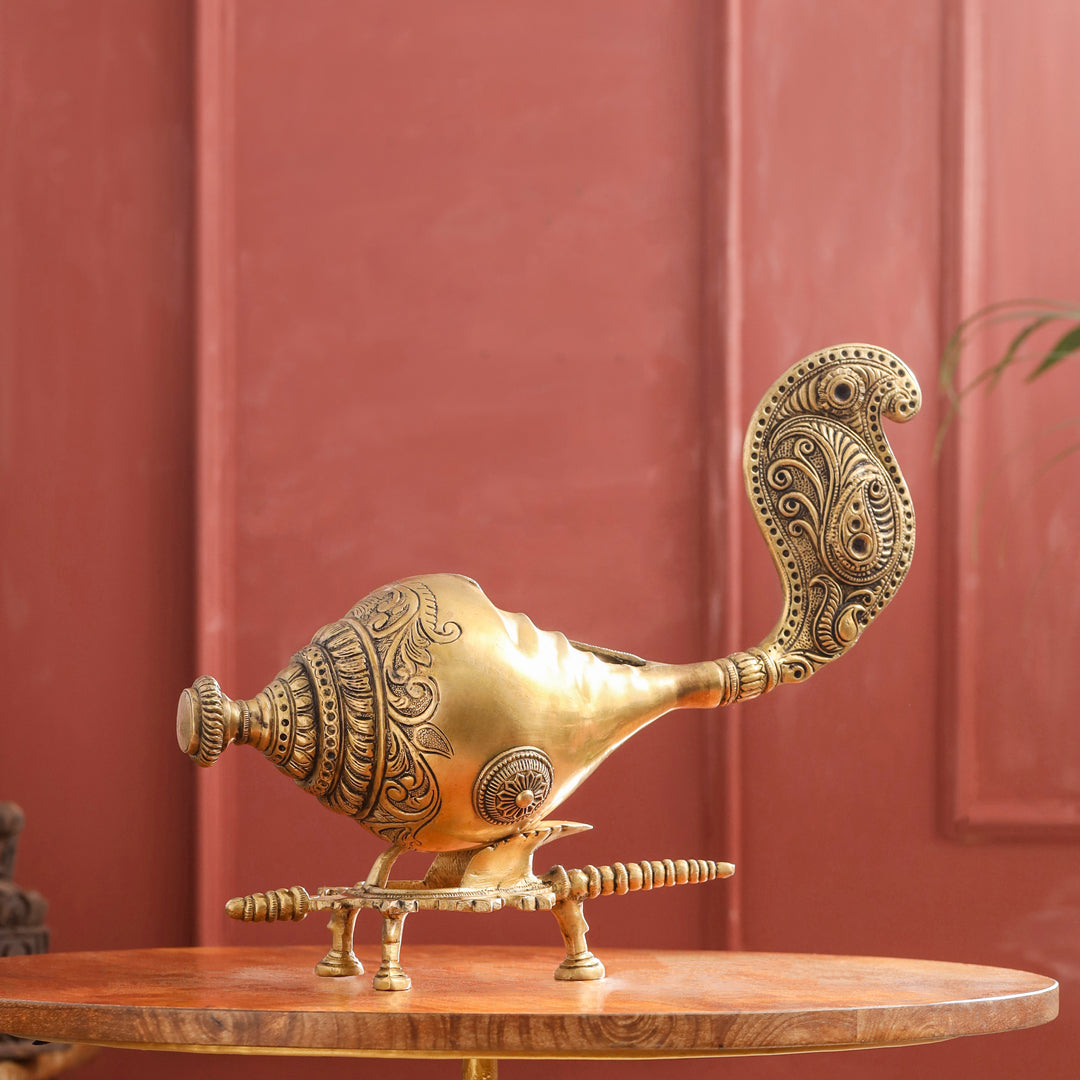 Brass Conch / Shankh with Intricate Stand (13 Inch) - Eco-friendly - Sama Homes