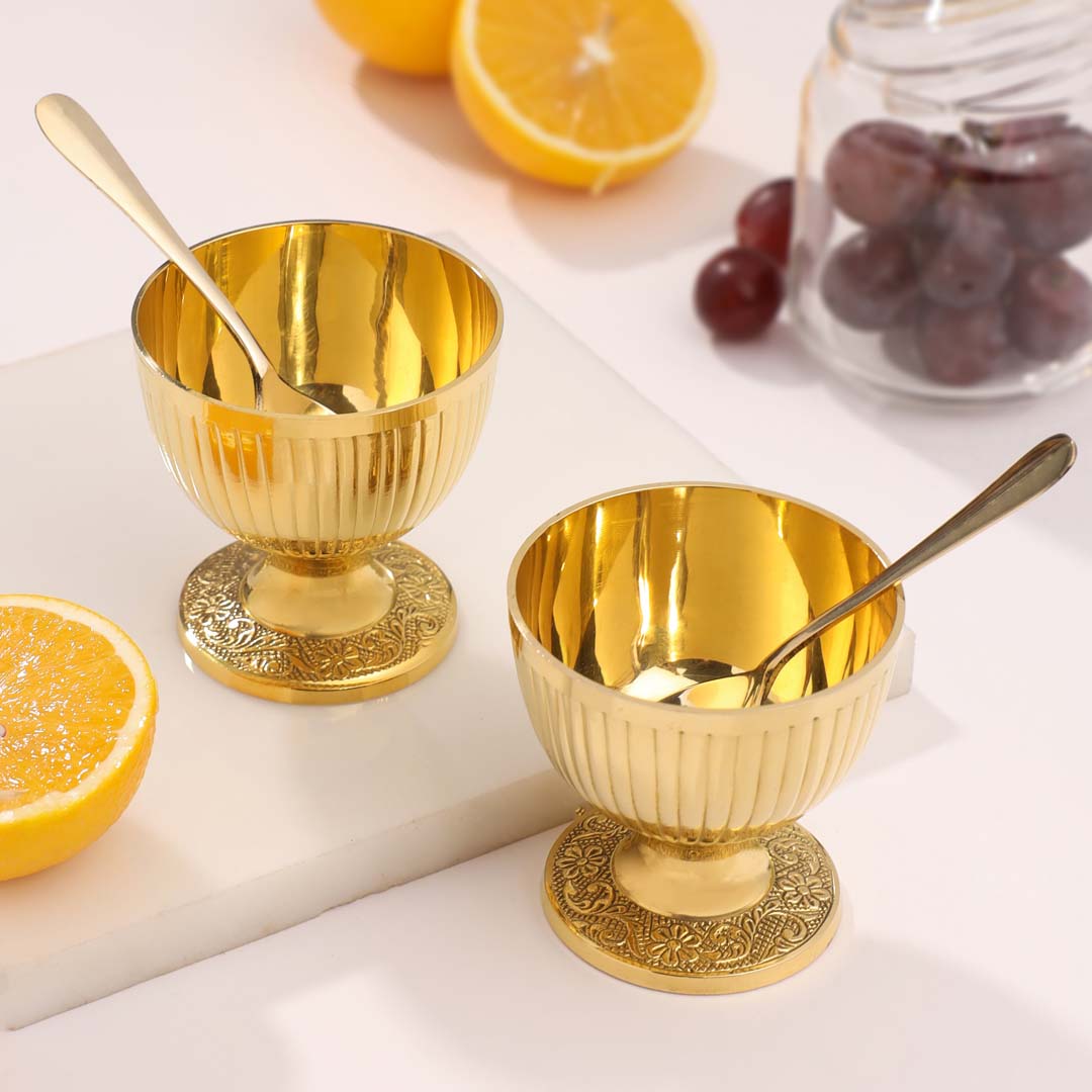 Image of Premium Brass Ice Cream Bowls with Spoons – Set of 2 | data start data | Premium Brass & Wood Decor | Sama Homes - Eco-friendly - Sama Homes