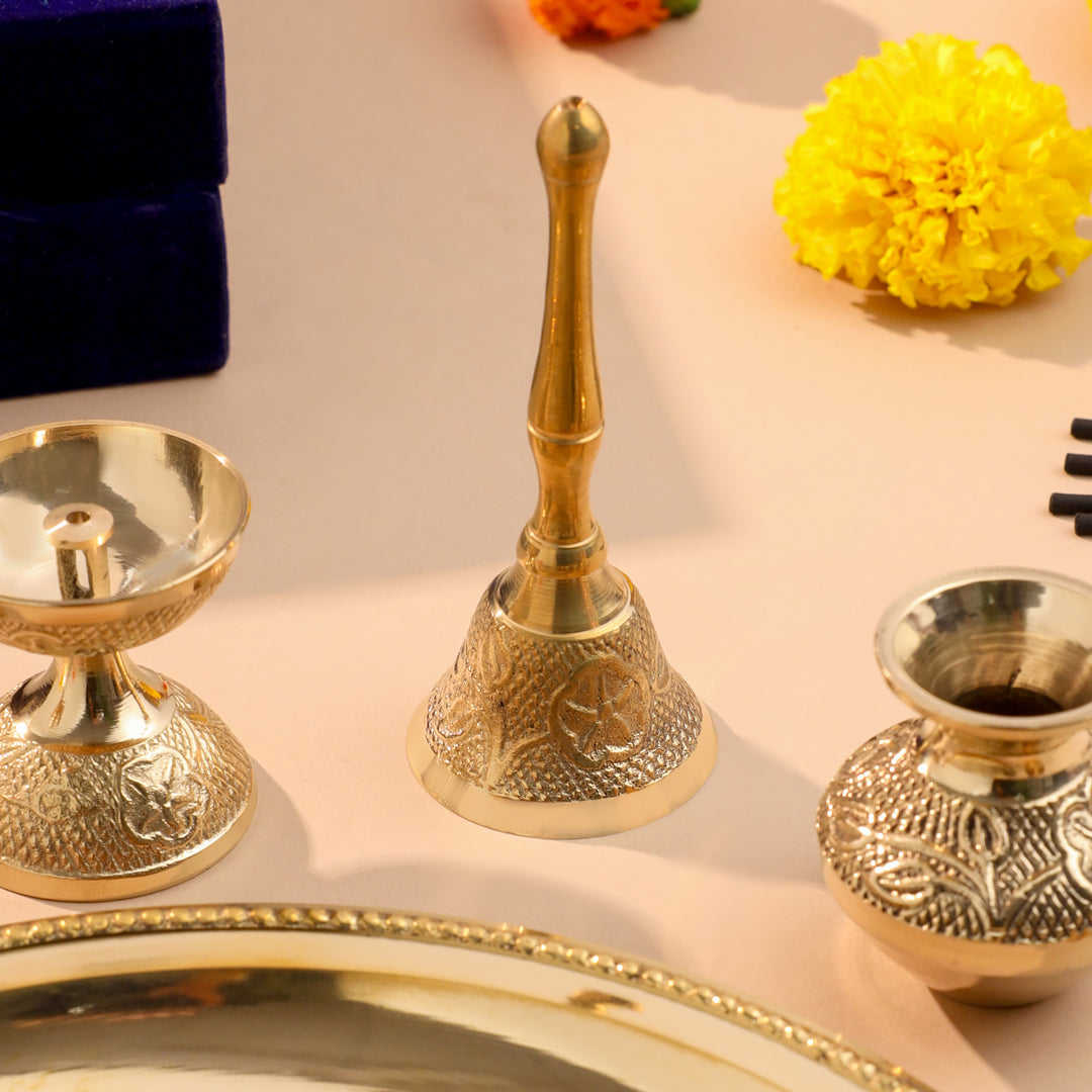 Brass Designer Pooja Thali Set With Velvet box - Image 8