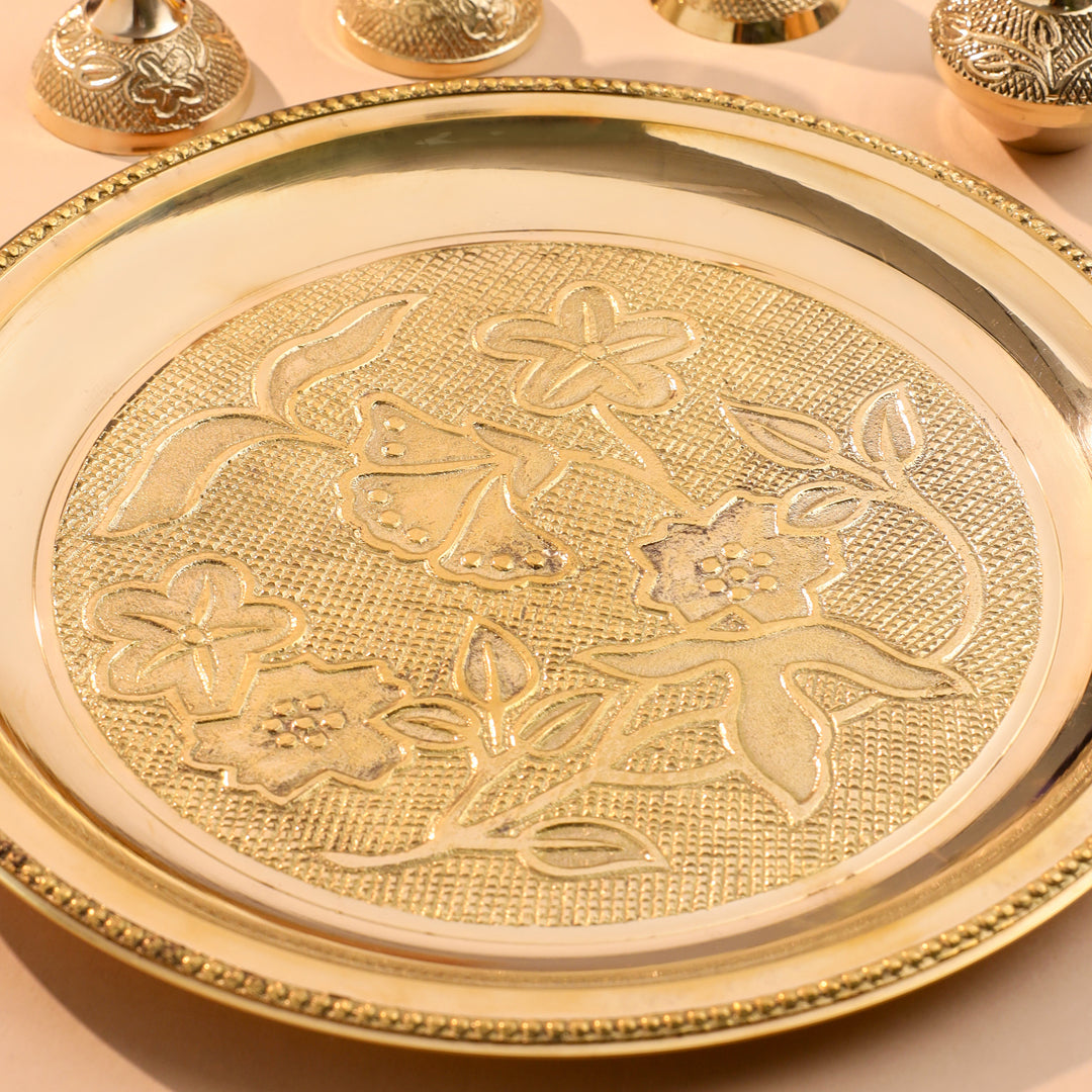 Brass Designer Pooja Thali Set With Velvet box - Image 2