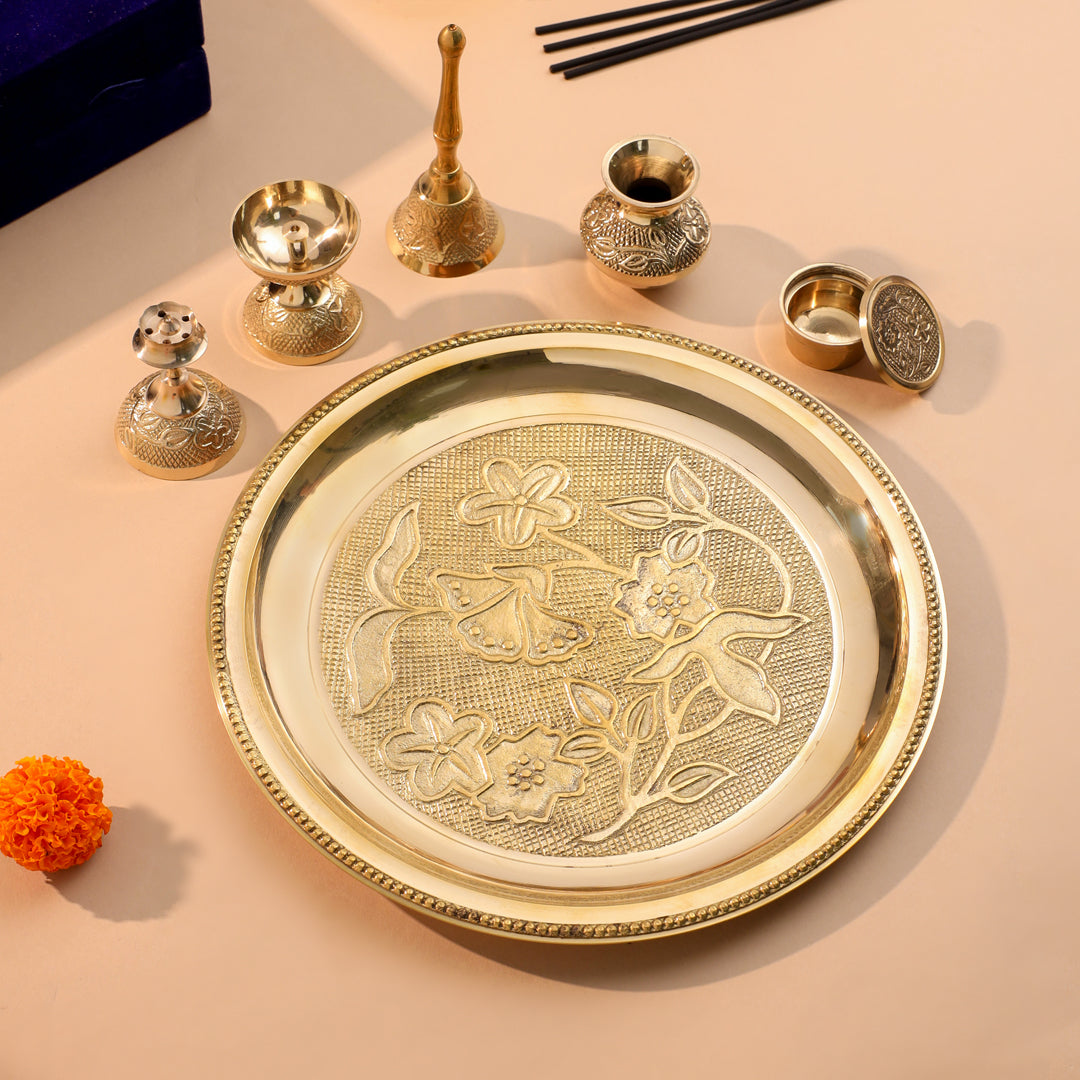 Brass Designer Pooja Thali Set With Velvet box - Image 3