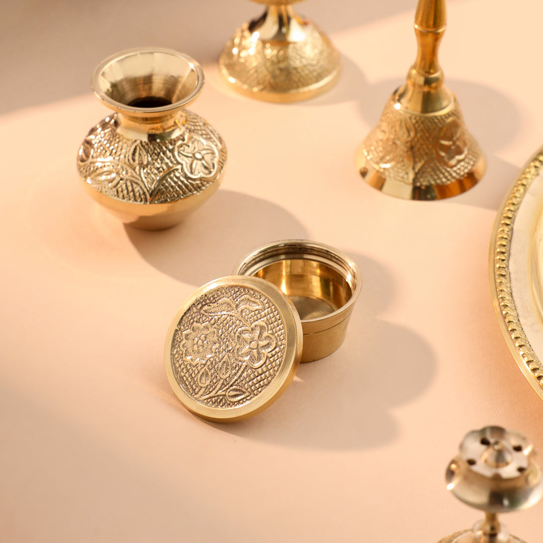 Brass Designer Pooja Thali Set With Velvet box - Image 4