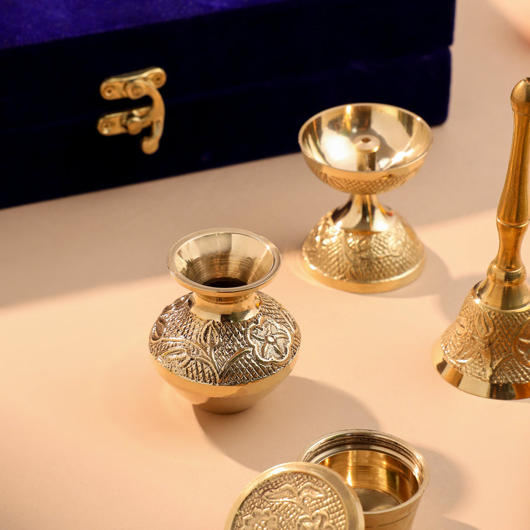 Brass Designer Pooja Thali Set With Velvet box - Image 5