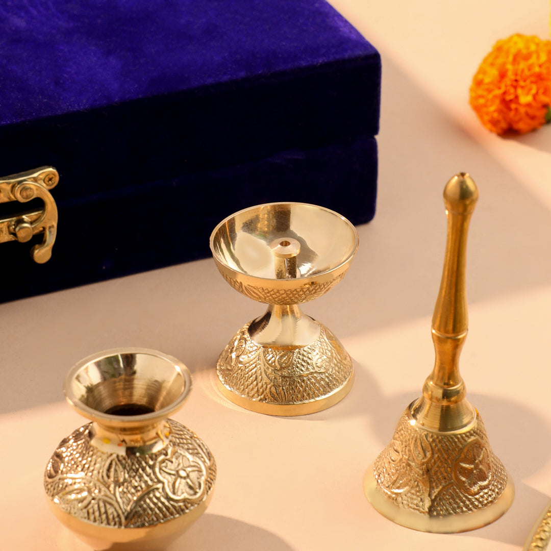 Brass Designer Pooja Thali Set With Velvet box - Image 6