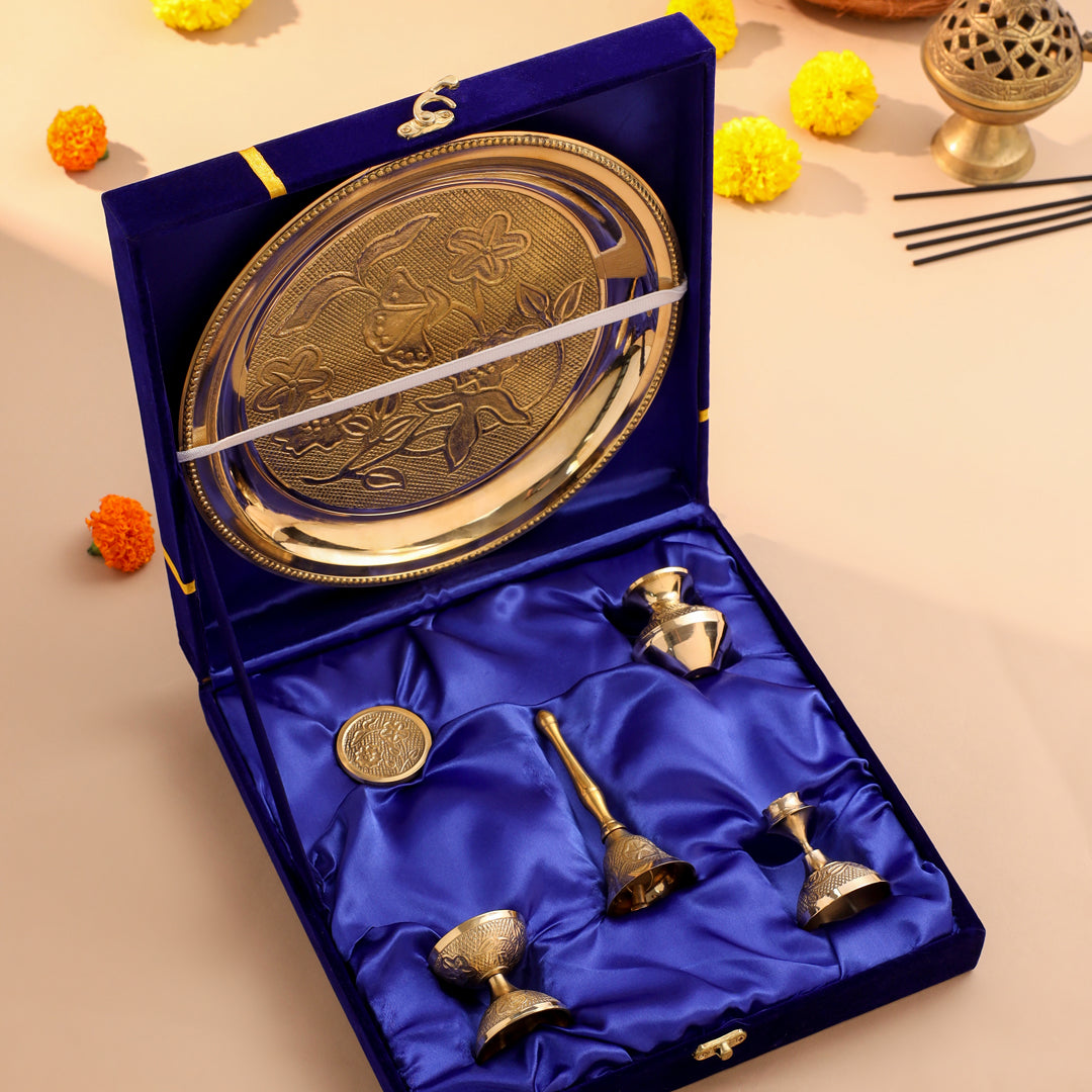Brass Designer Pooja Thali Set With Velvet box - Eco-friendly - Sama Homes