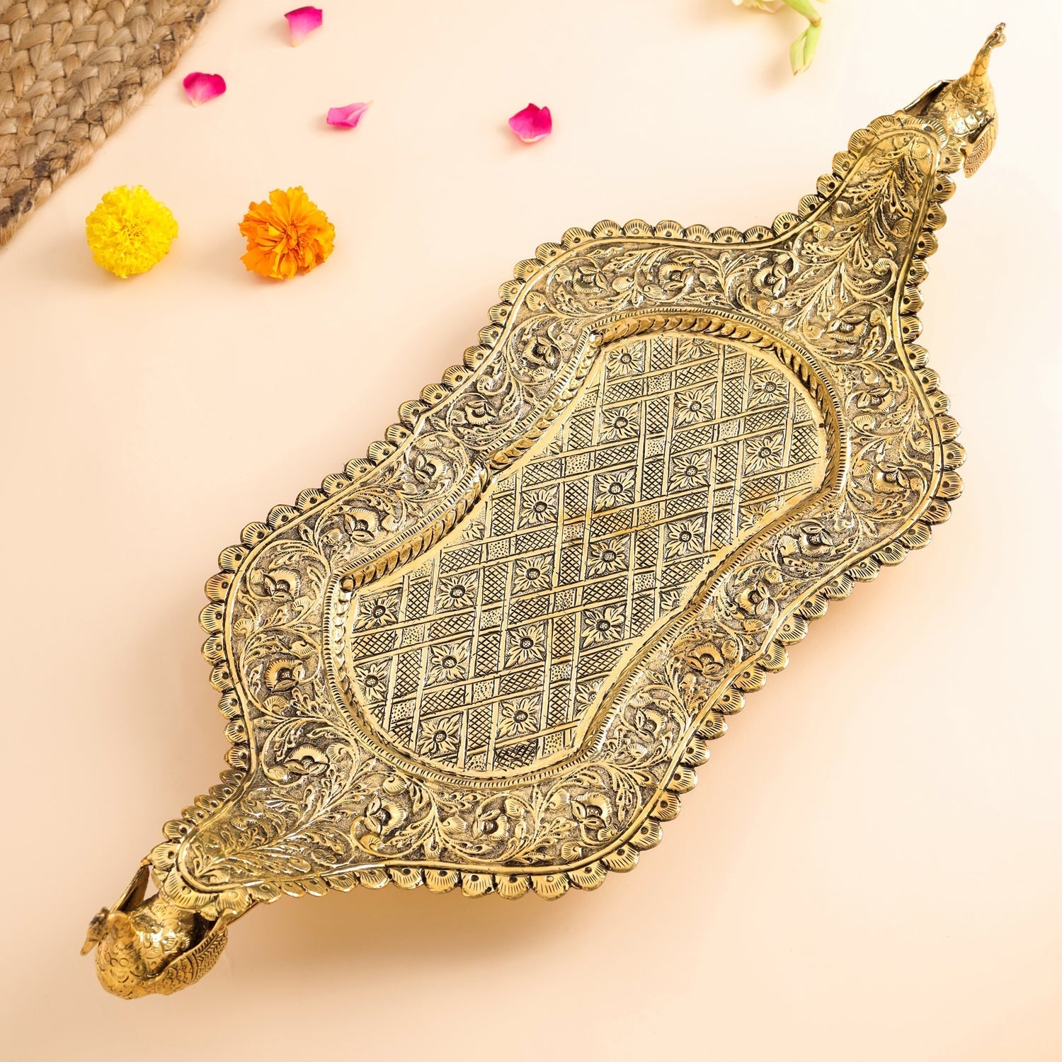 Image of Brass Peacock Design Serving Tray (23 Inch) | HEIGHT Inch Handcrafted | Premium Brass & Wood Decor | Sama Homes - Eco-friendly - Sama Homes