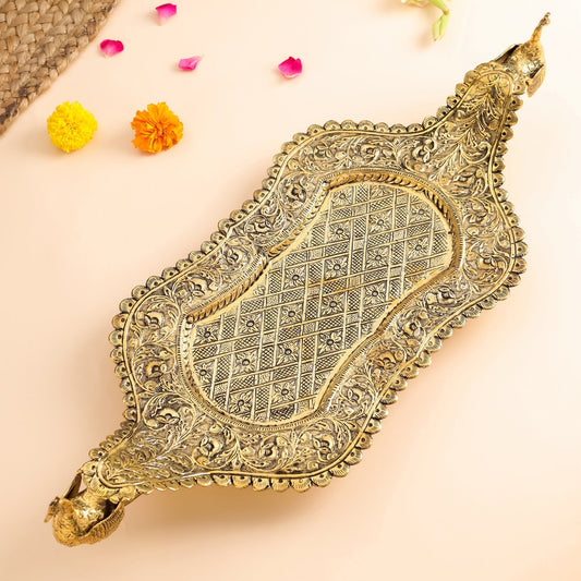 Image of Brass Peacock Design Serving Tray (23 Inch) | HEIGHT Inch Handcrafted | Premium Brass & Wood Decor | Sama Homes