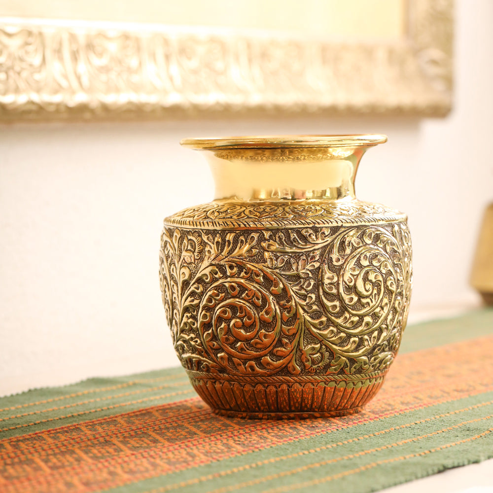 Brass Decorative Pot / Kalash Intricately Engraved Floral Design - Eco-friendly - Sama Homes