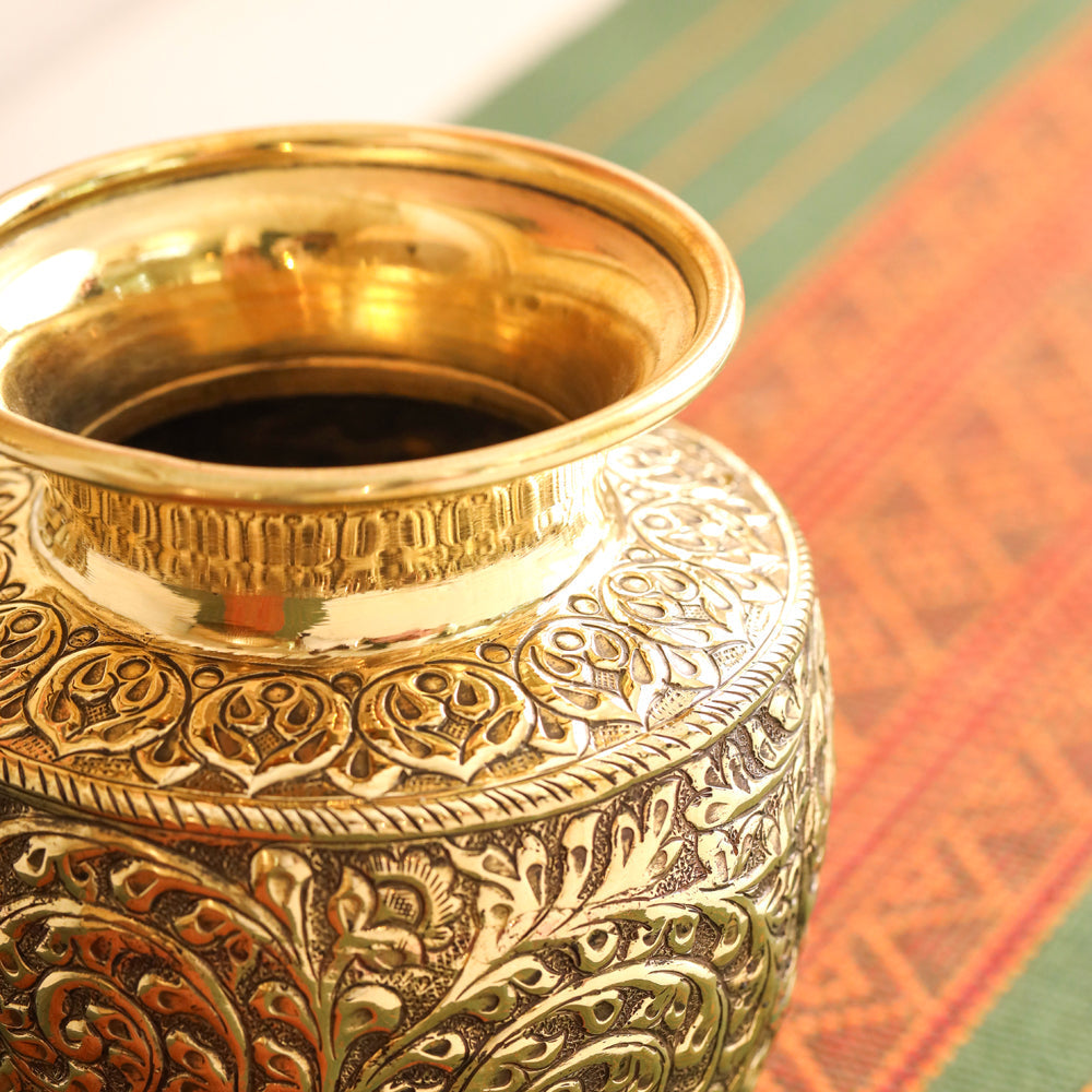 Brass Decorative Pot / Kalash Intricately Engraved Floral Design - Image 4