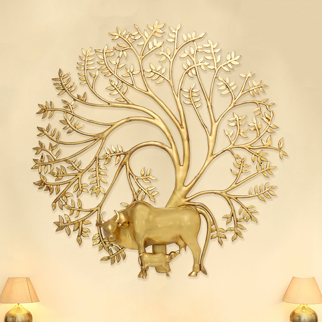 Brass Cow & Calf with Tree Wall Hanging - Eco-friendly - Sama Homes