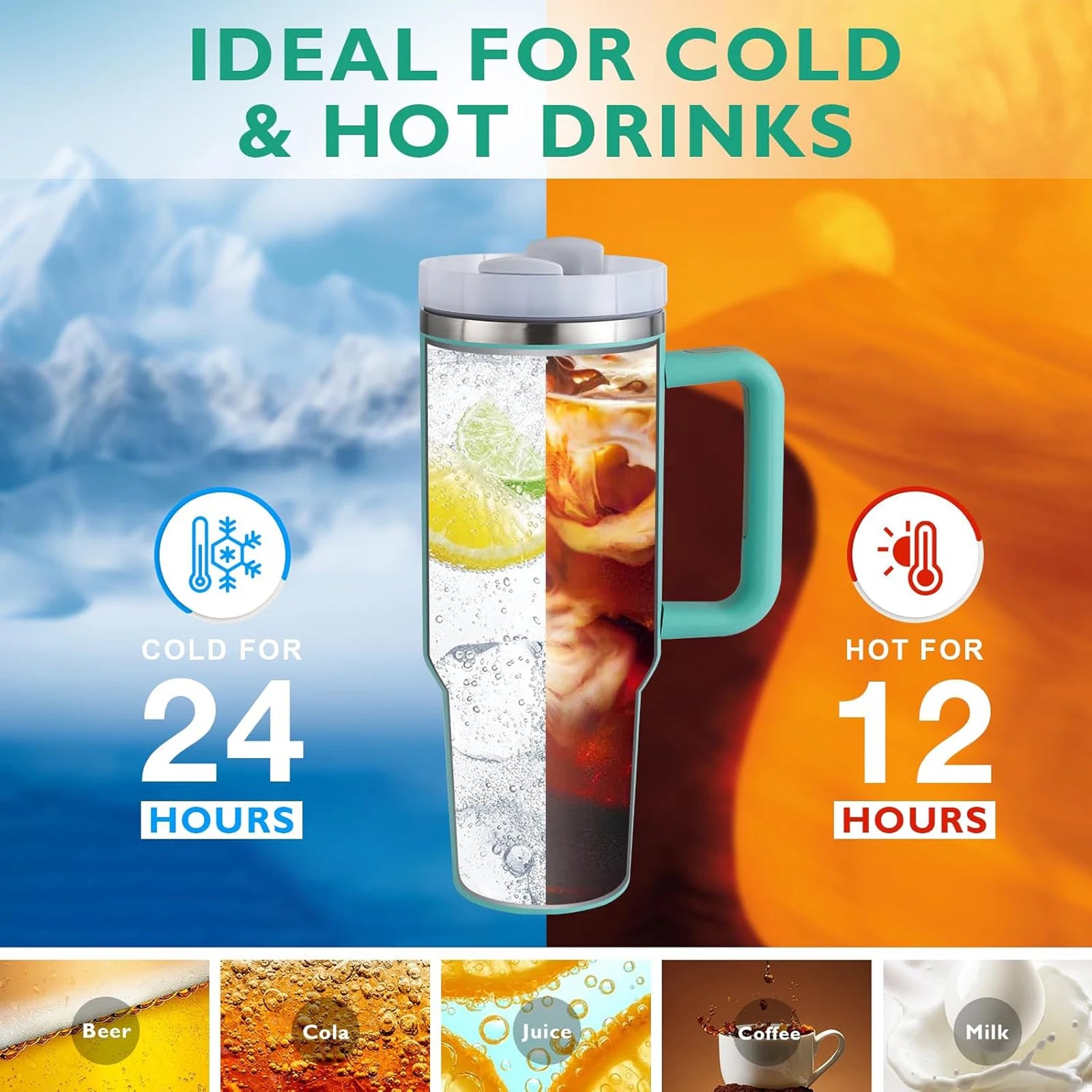 40oz Stainless Steel Insulated Water Bottle with Straw & Handle – Vacuum Flask Travel Coffee Tumbler, Hot & Cold Thermal Mug (1200ml) - Image 3