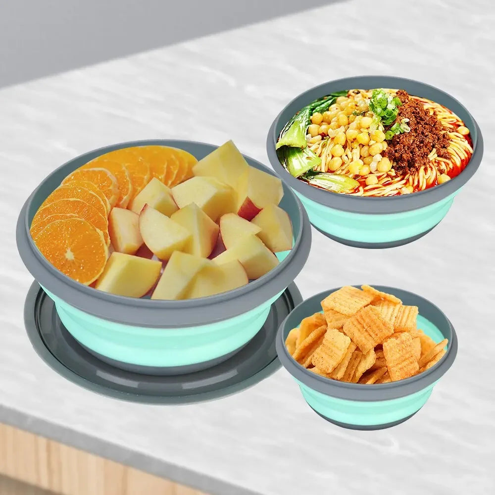 3-piece set with lid salad bowl set  silicone folding bowl foldable lunch box  portable – Image 4 - Image 5