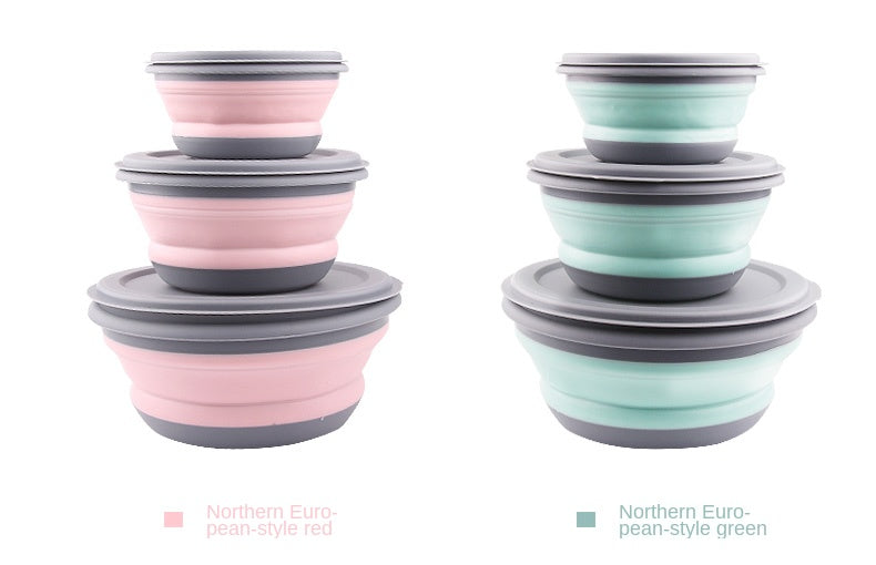 3pcs/set Silicone Folding Lunch Box With Lid Portable Picnic Camping Bowl Set Kitchen Tableware Kit Foldable Fruit Salad Bowl – Image 7 - Image 8