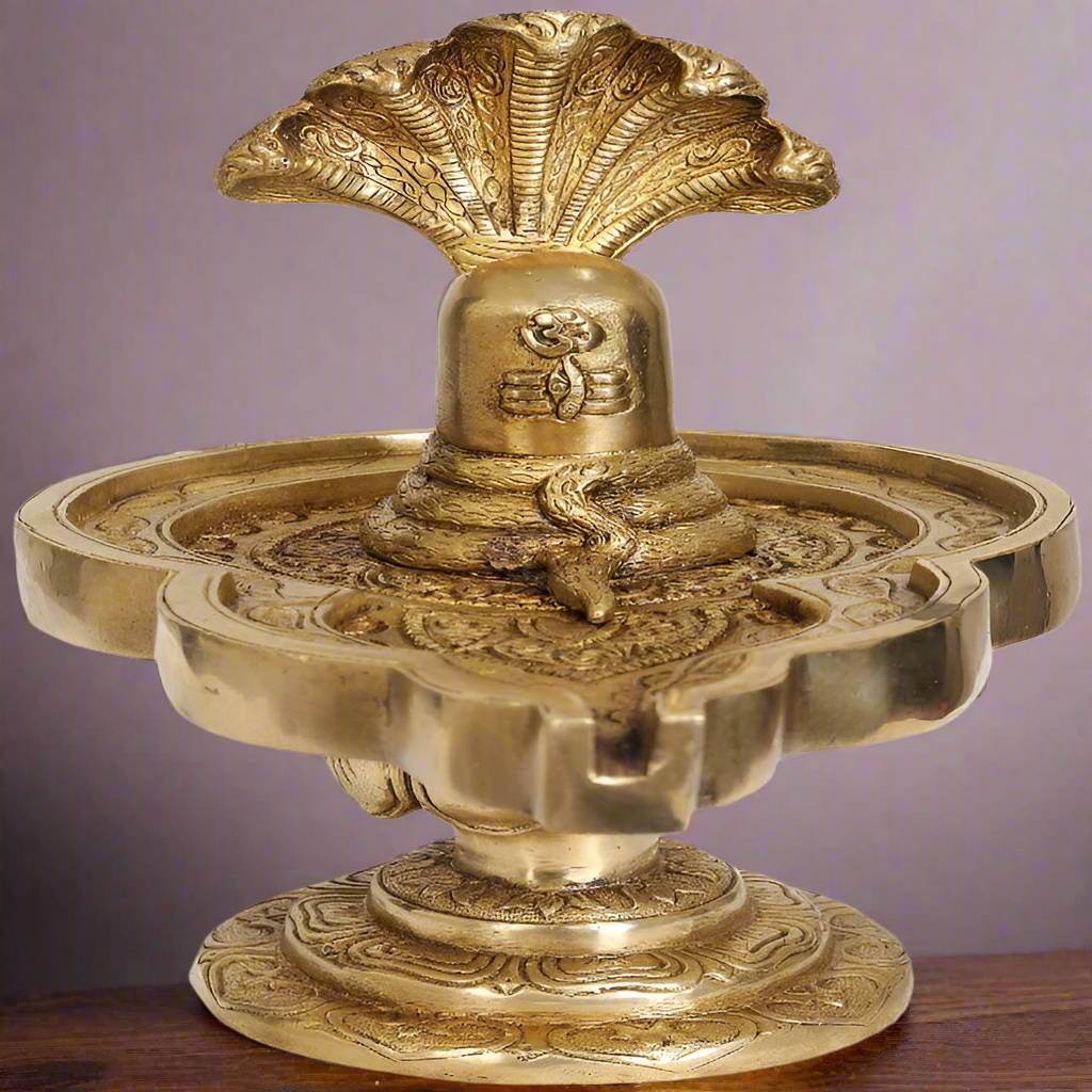 Shiva Lingam with Five-Hooded Snake Crowning Religious Décor 9"