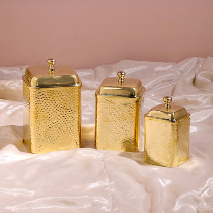 Handcrafted Brass Hammered Containers Set – 3 Pieces | Traditional Indian Kitchenware | 99.9% Certified Brass, Sustainable & Artisan-Made – Sama Homes