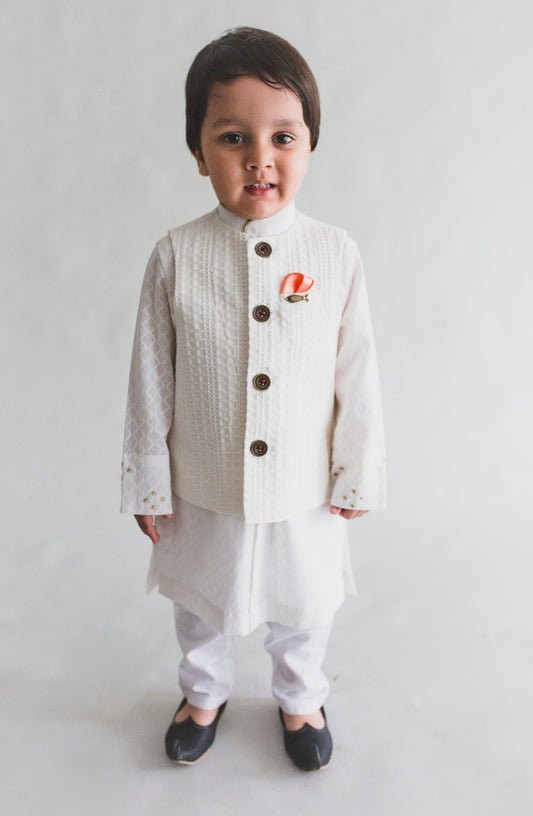 Boy White Jacquard Bundi 3 Pc Kurta Set