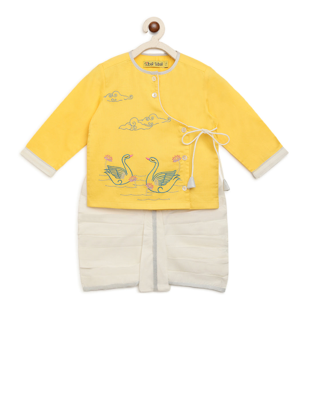 Baby Boy Yellow Embroidered Swan Dhoti Set - Image 2