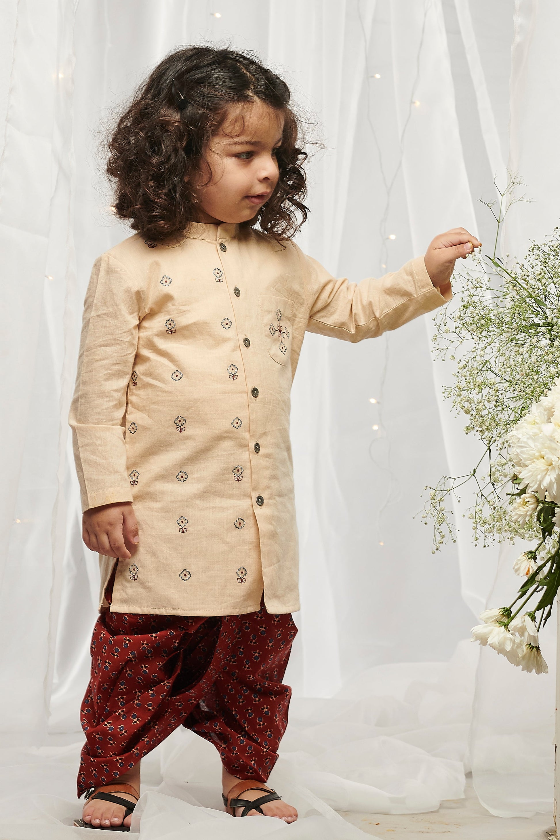 Boys Red Embroidered Buti Dhoti Set - Image 3