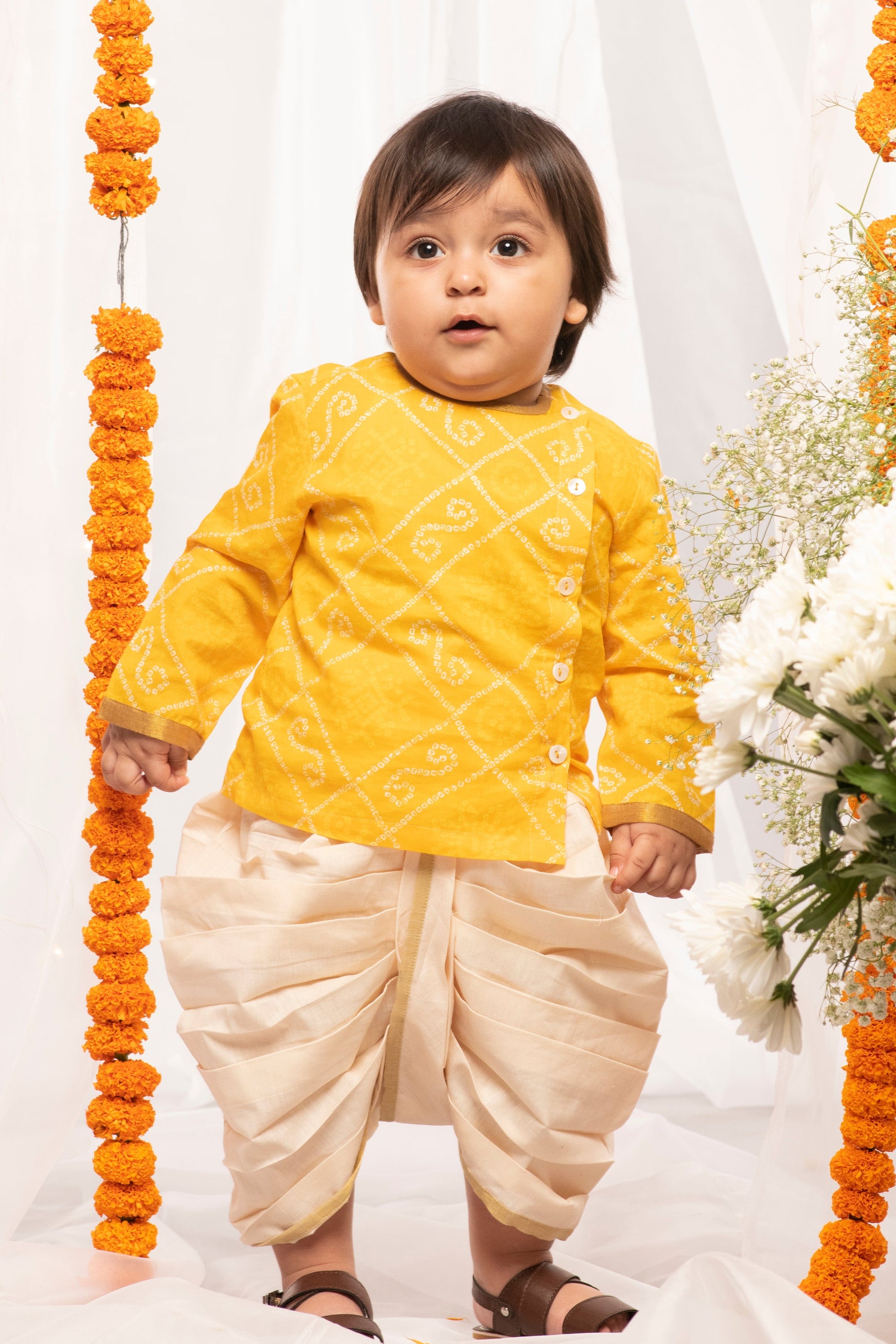 Baby Boy Yellow Printed Bandhani Dhoti Set - Eco-friendly - Sama Homes