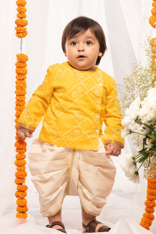 Baby Boy Yellow Printed Bandhani Dhoti Set
