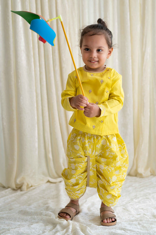 Baby Sadabahar Buti Dhoti Set - Yellow