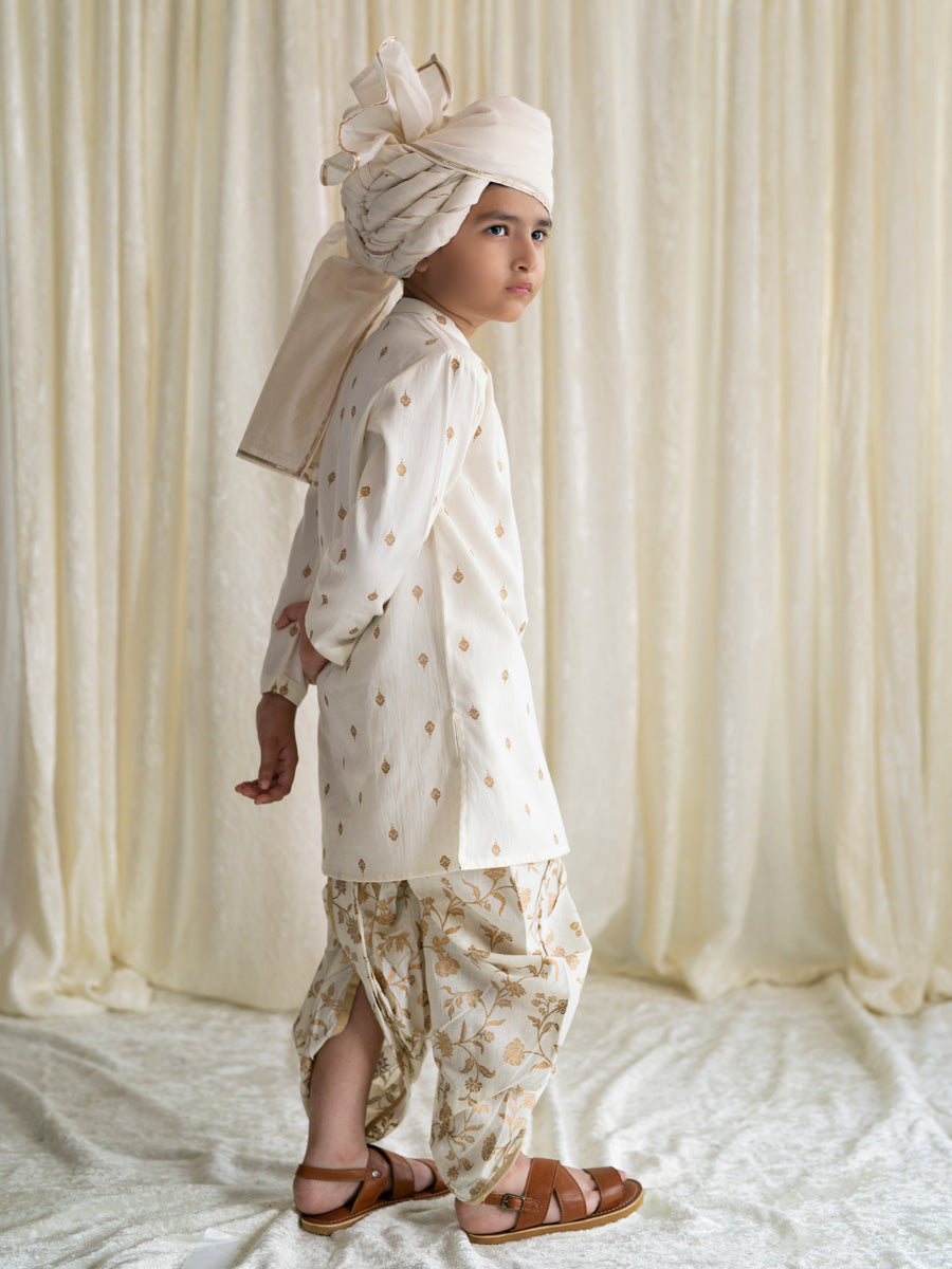 Boys Nawab Dhoti Kurta Cotton Set Gold Print- Cream - Image 3