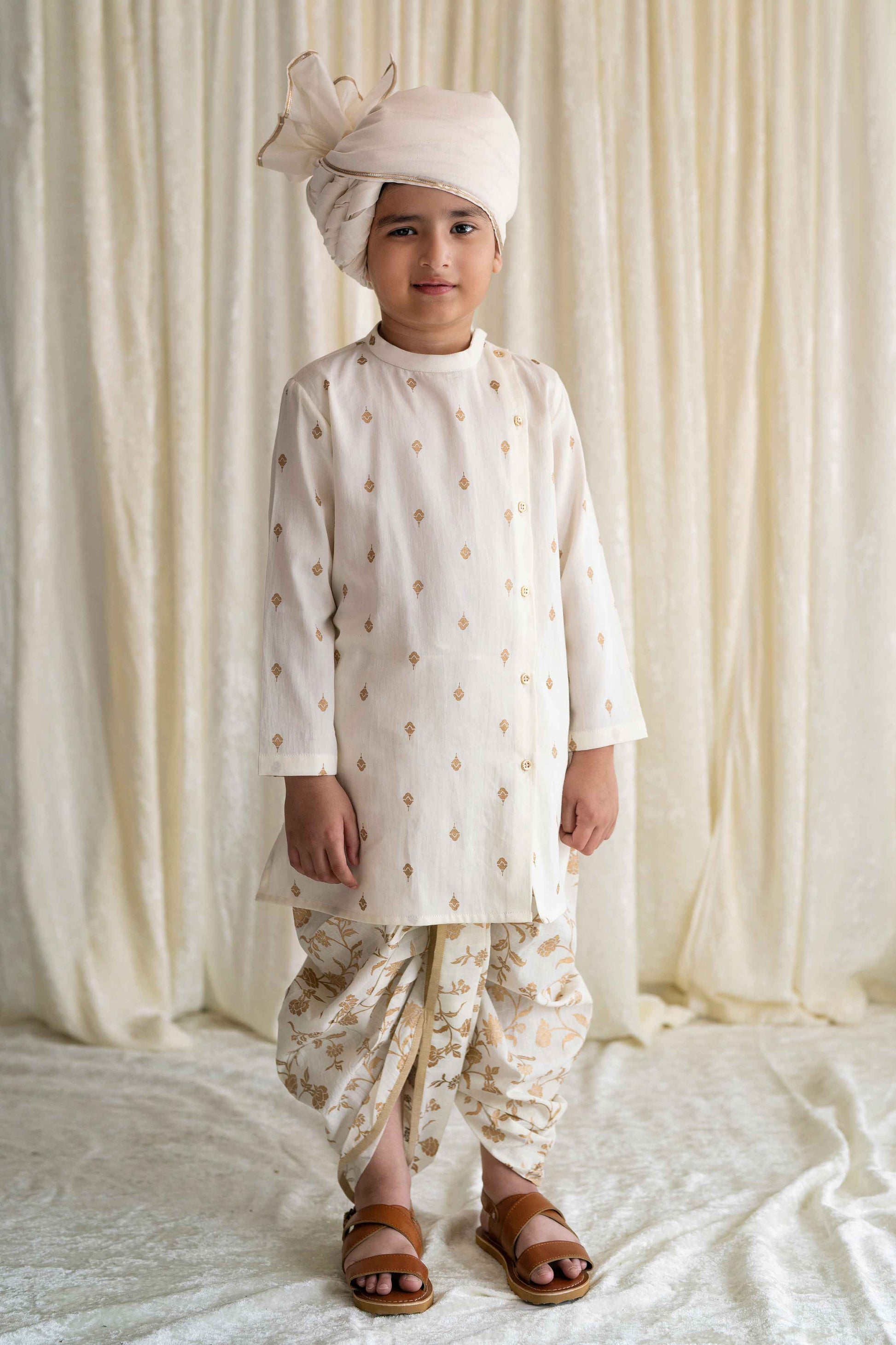 Boys Nawab Dhoti Kurta Cotton Set Gold Print- Cream - Eco-friendly - Sama Homes