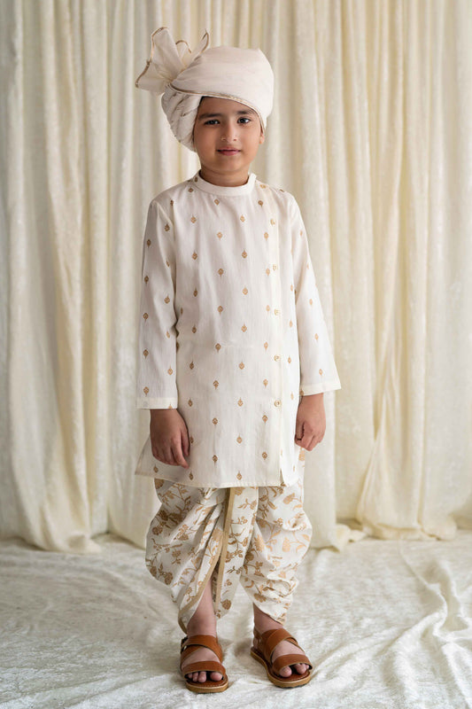 Boys Nawab Dhoti Kurta Cotton Set Gold Print- Cream