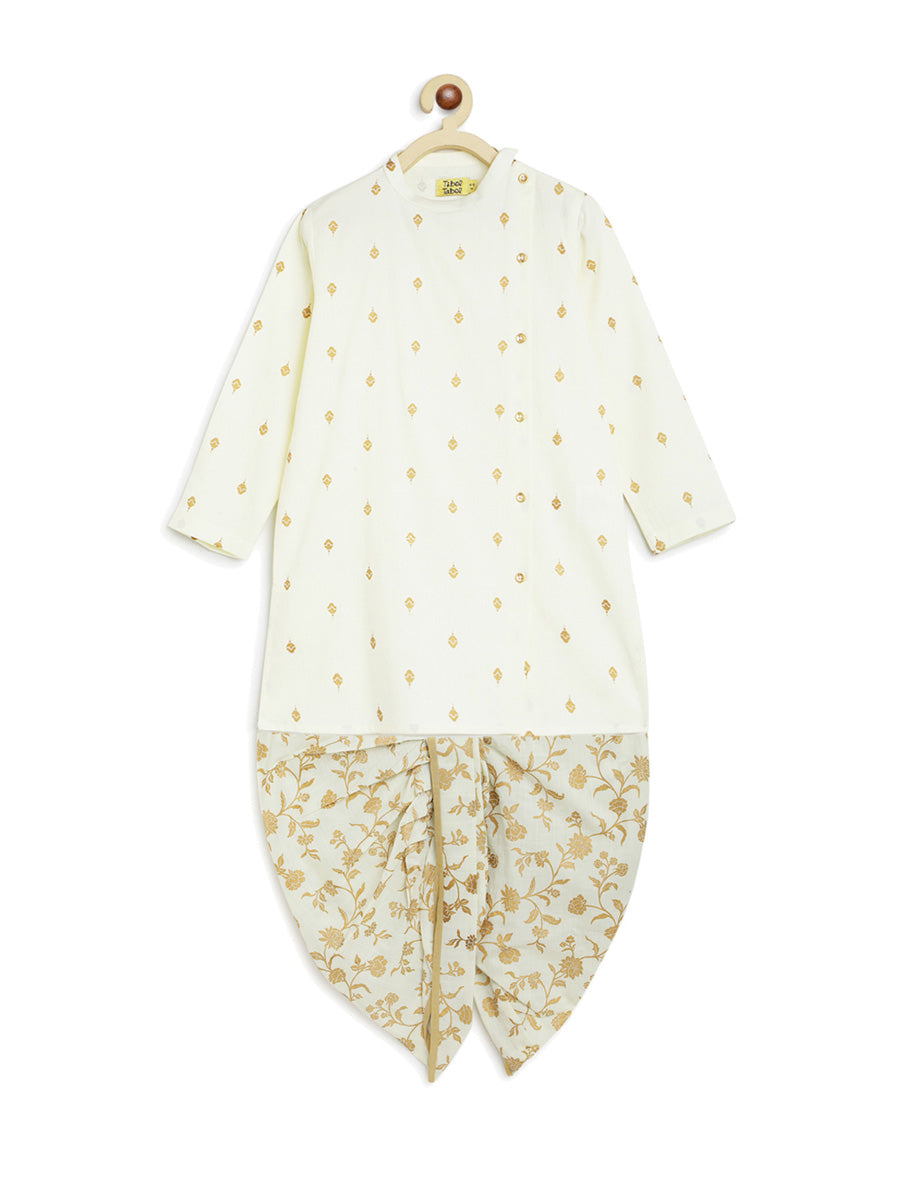 Boys Nawab Dhoti Kurta Cotton Set Gold Print- Cream - Image 2