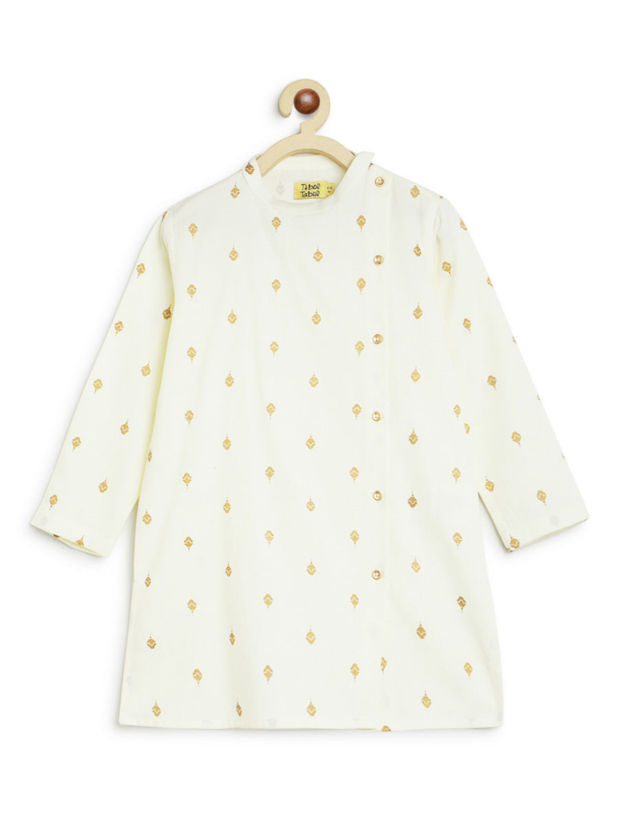 Boys Nawab Dhoti Kurta Cotton Set Gold Print- Cream - Image 5