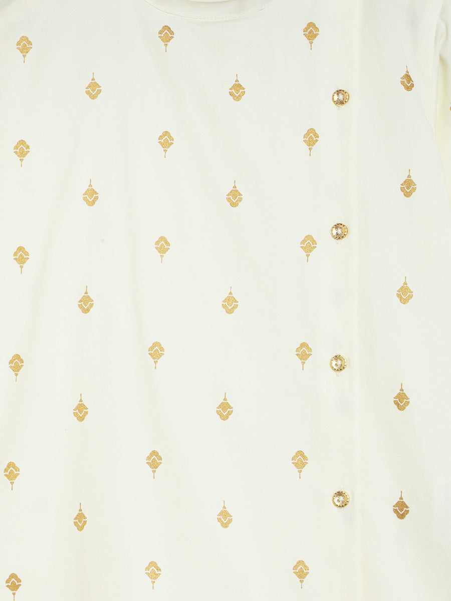 Boys Nawab Dhoti Kurta Cotton Set Gold Print- Cream - Image 6