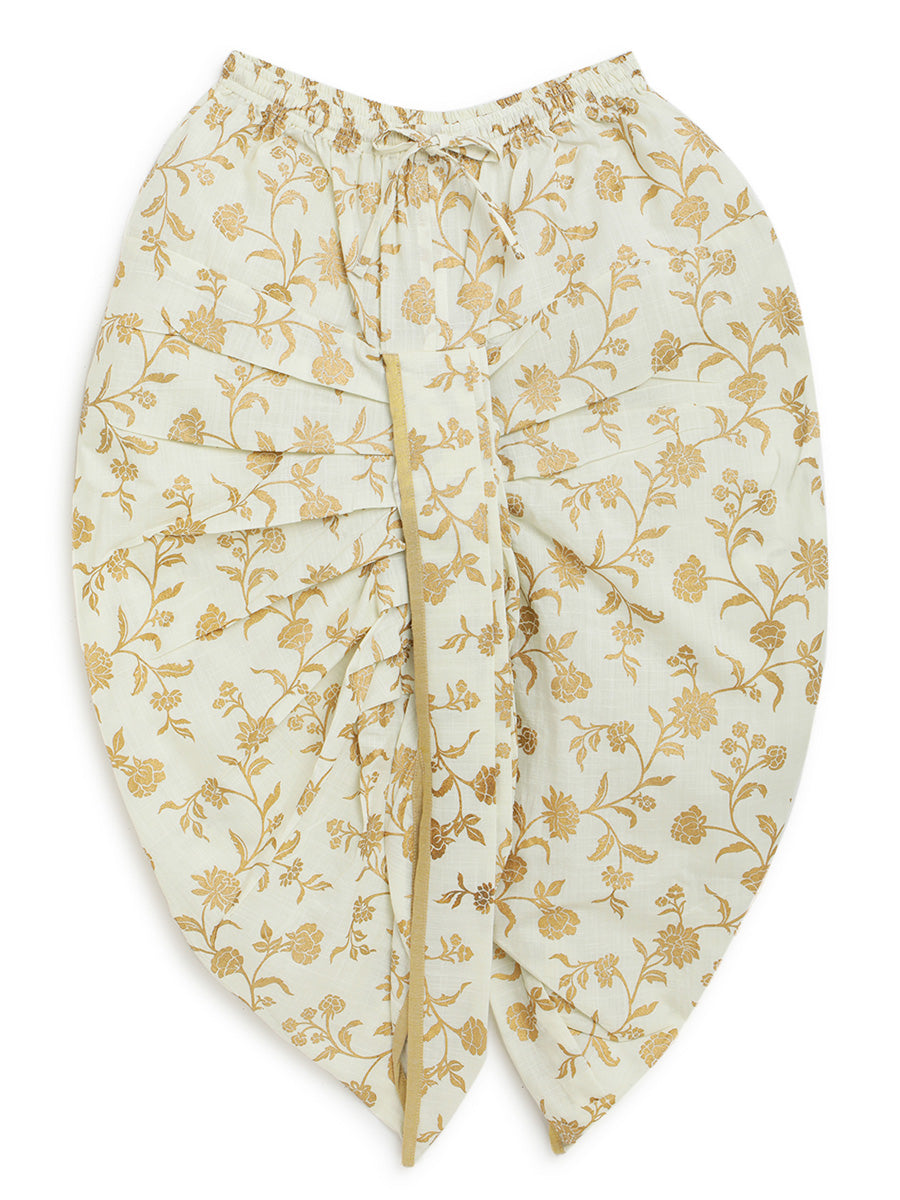 Boys Nawab Dhoti Kurta Cotton Set Gold Print- Cream - Image 7