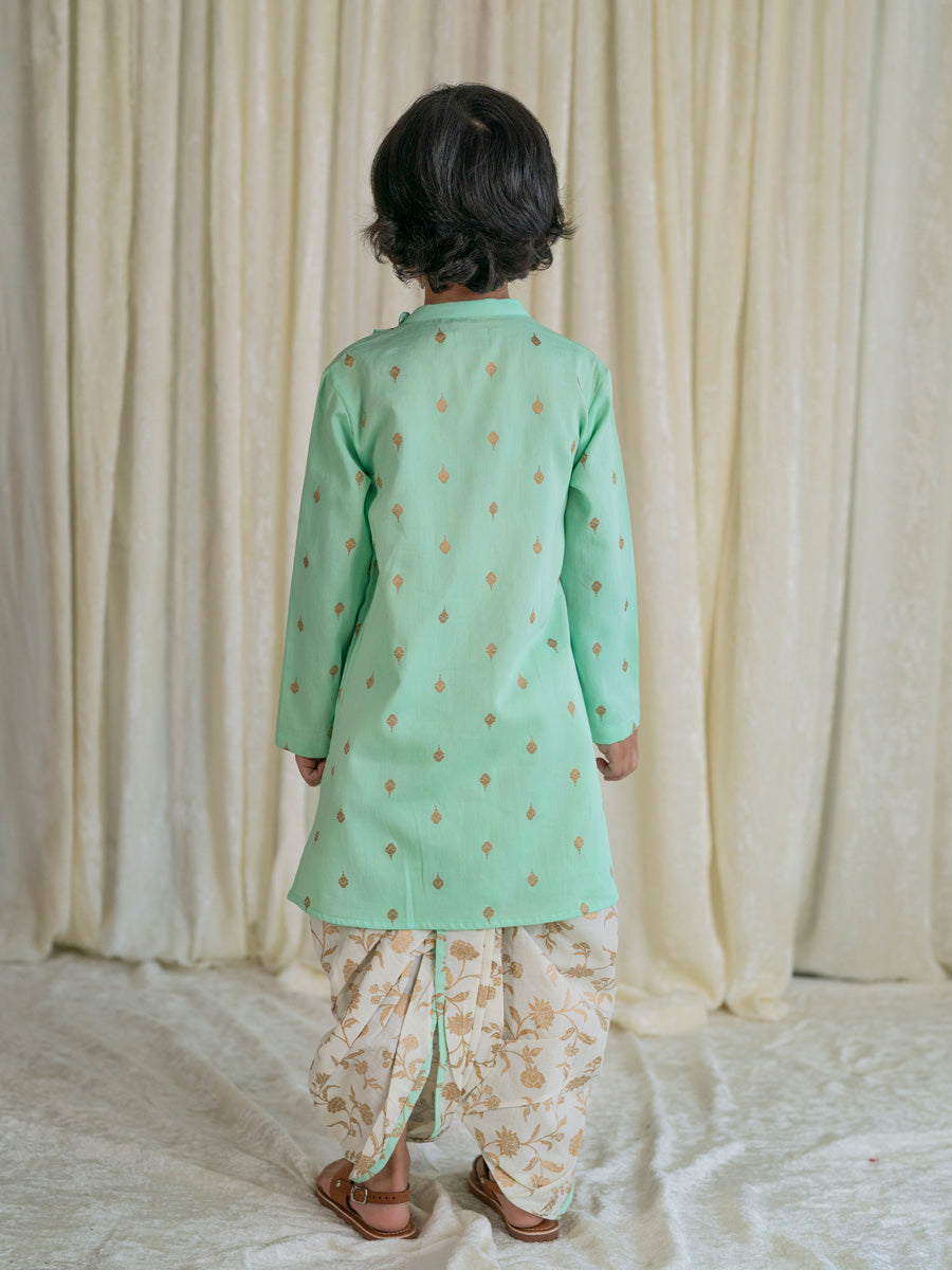 Boys Nawab Dhoti Kurta Cotton Set Gold Print- Green