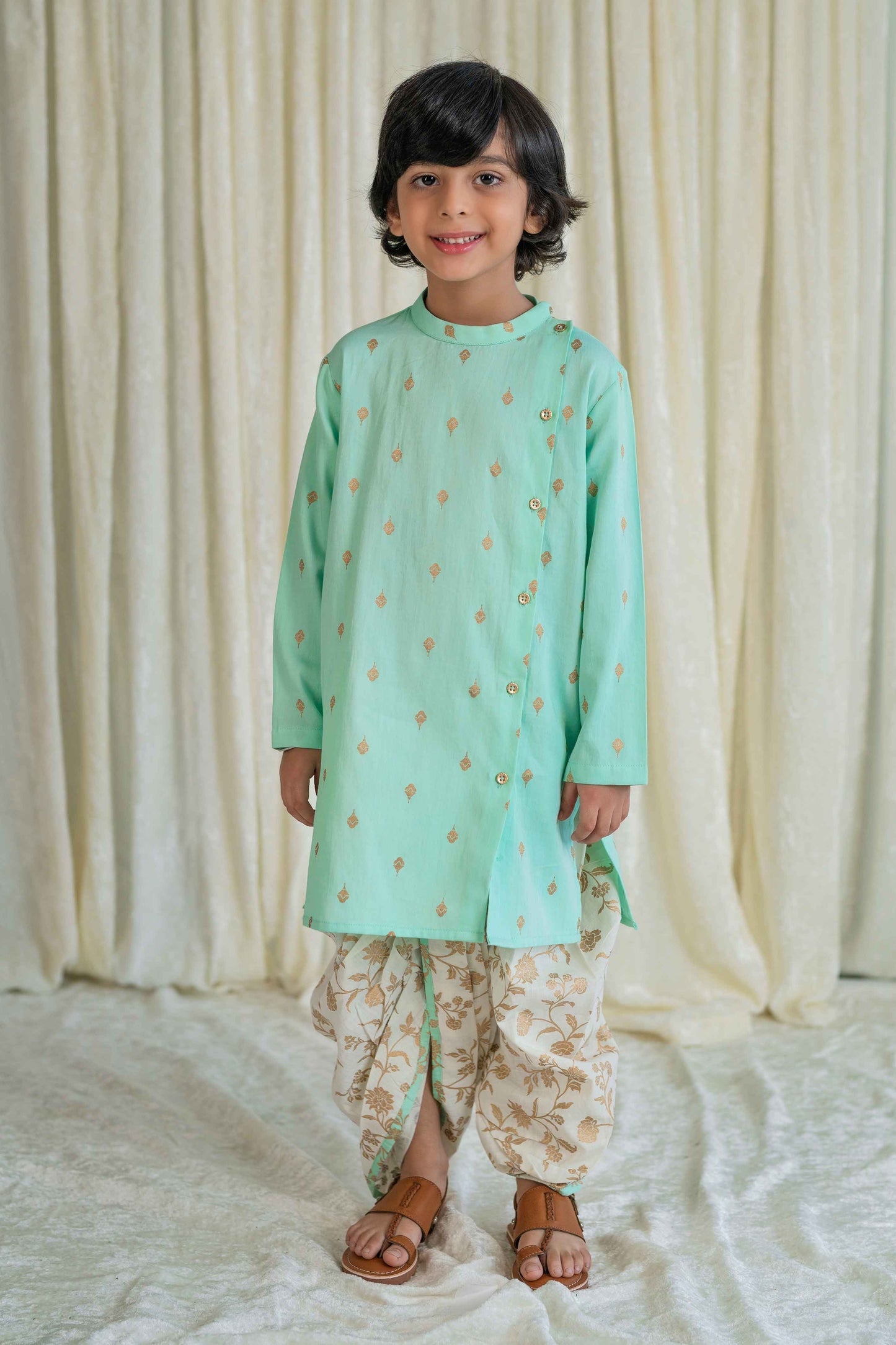 Boys Nawab Dhoti Kurta Cotton Set Gold Print- Green