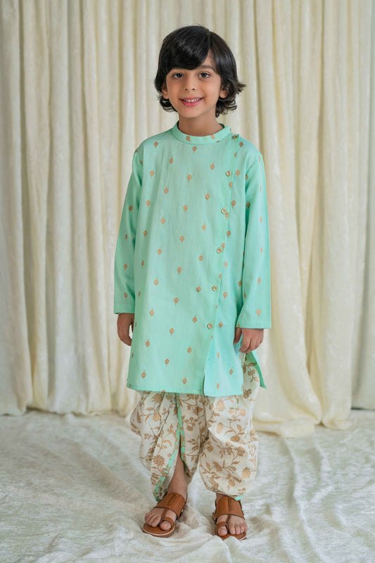Boys Nawab Dhoti Kurta Cotton Set Gold Print- Green