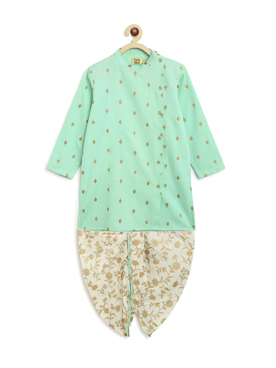 Boys Nawab Dhoti Kurta Cotton Set Gold Print- Green - Image 2