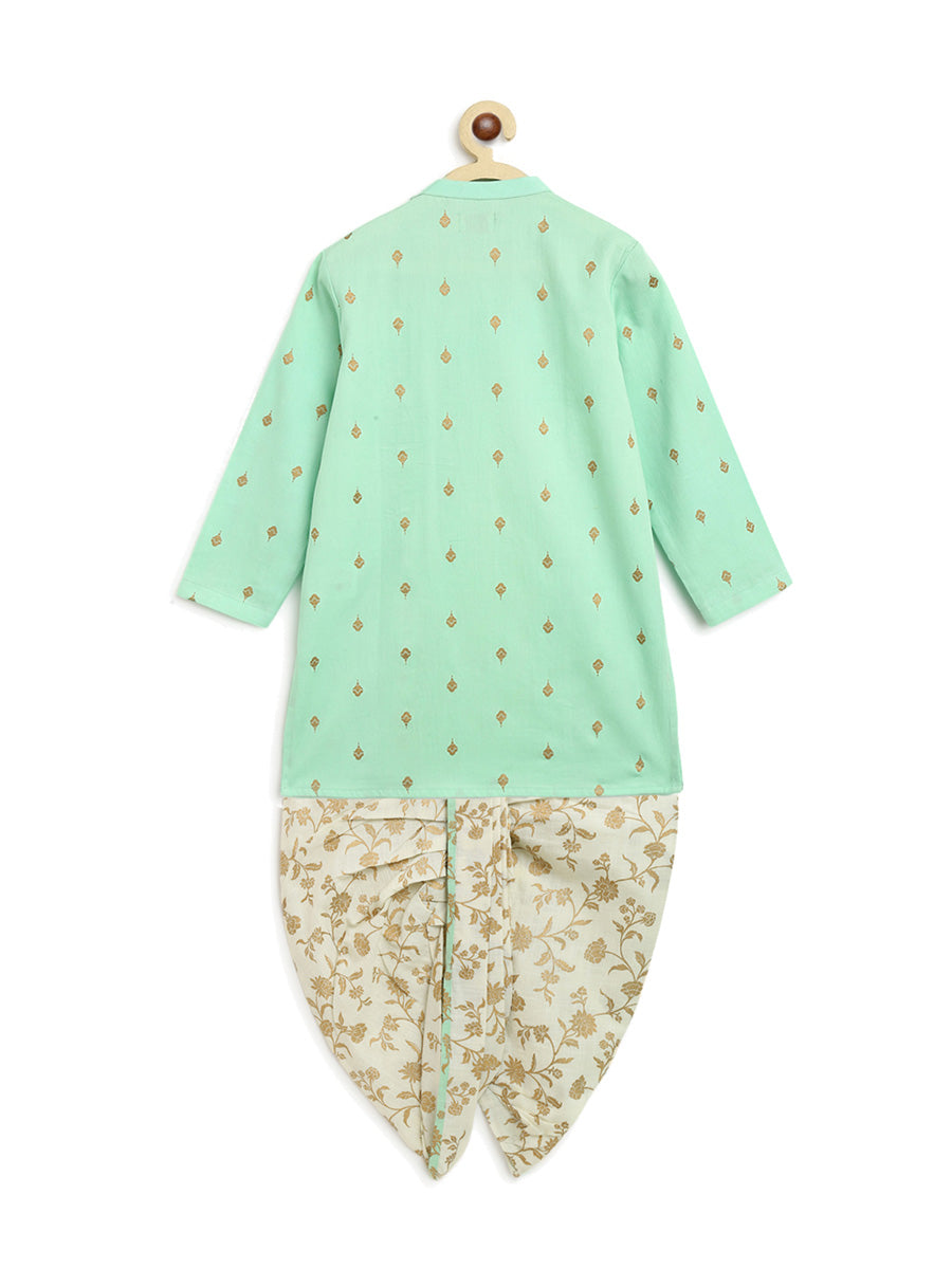 Boys Nawab Dhoti Kurta Cotton Set Gold Print- Green - Image 4