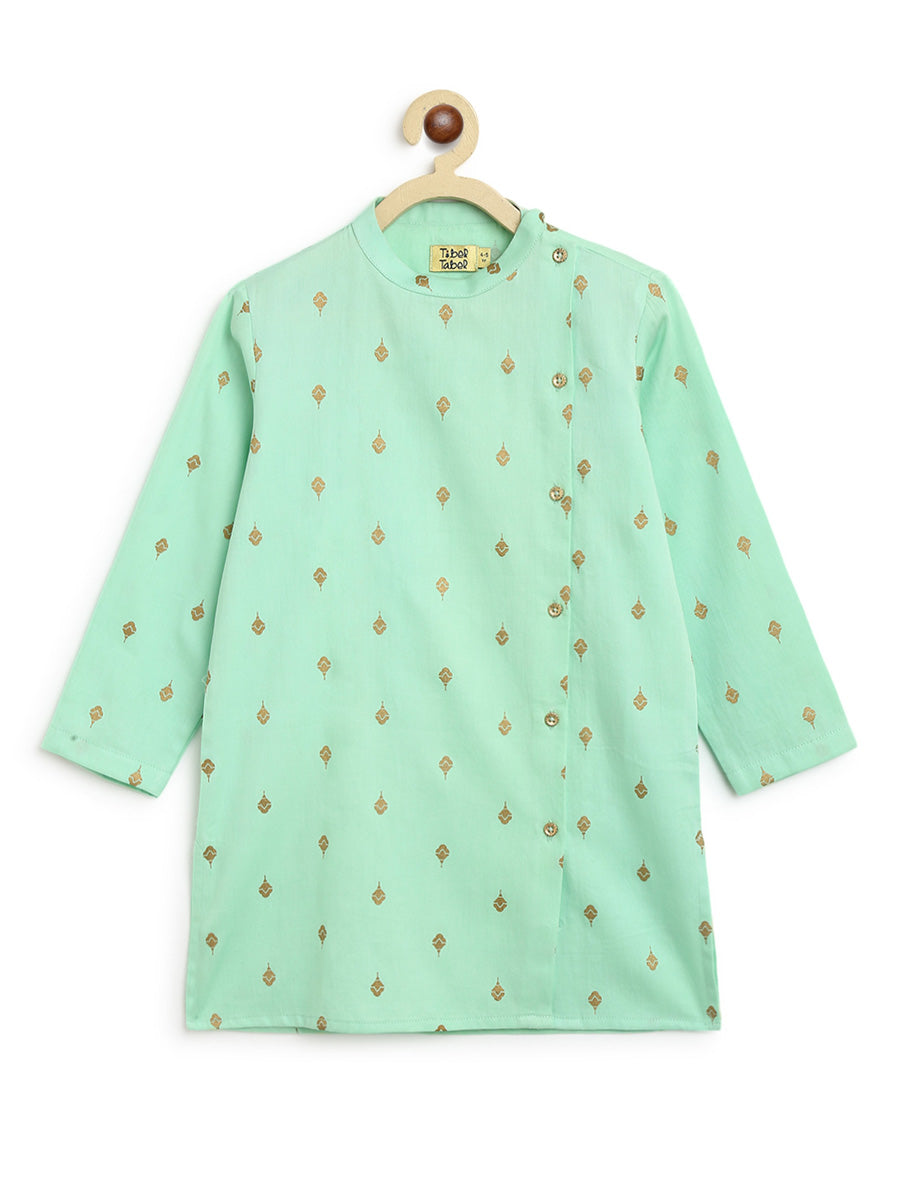 Boys Nawab Dhoti Kurta Cotton Set Gold Print- Green - Image 5