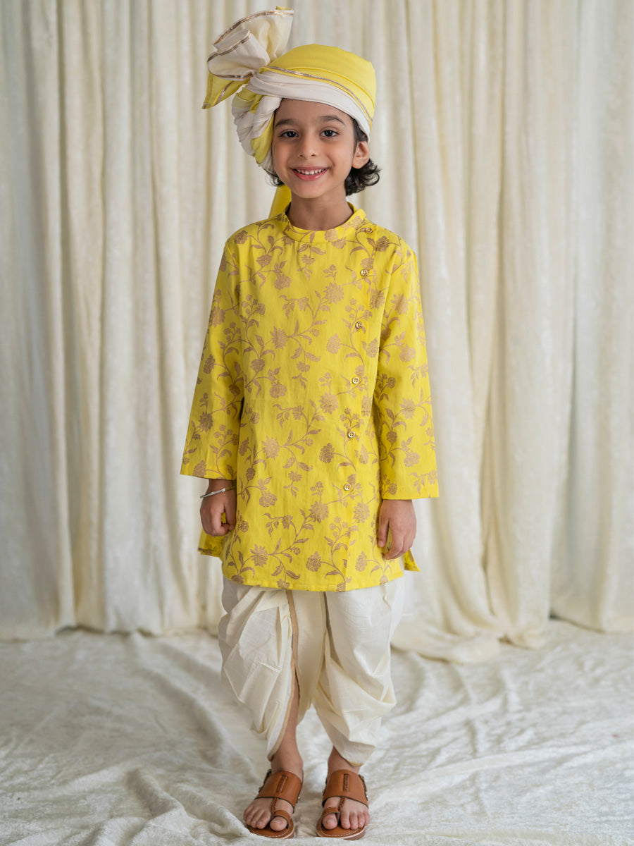 Boys Nawab Dhoti Kurta Cotton Set Gold Print- Yellow