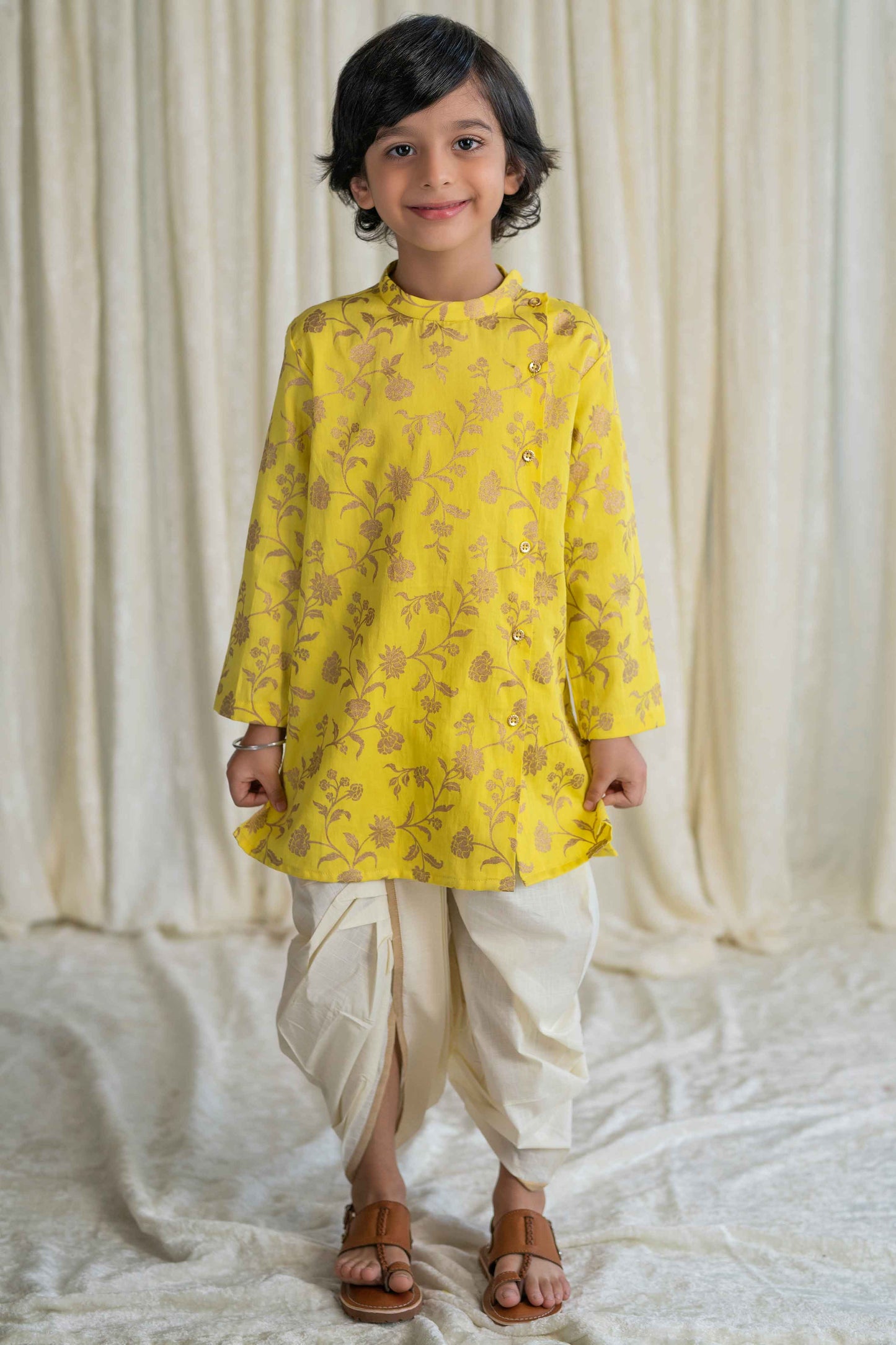 Boys Nawab Dhoti Kurta Cotton Set Gold Print- Yellow