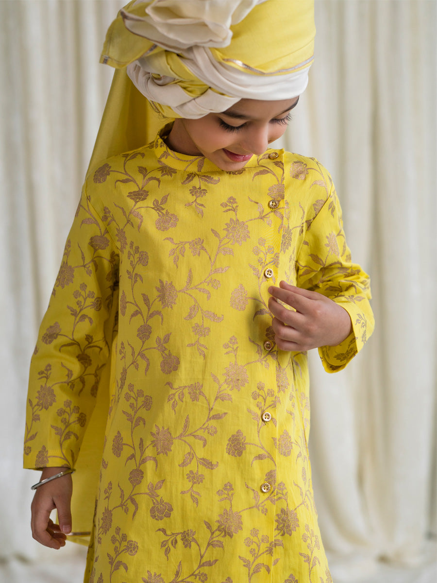 Boys Nawab Dhoti Kurta Cotton Set Gold Print- Yellow