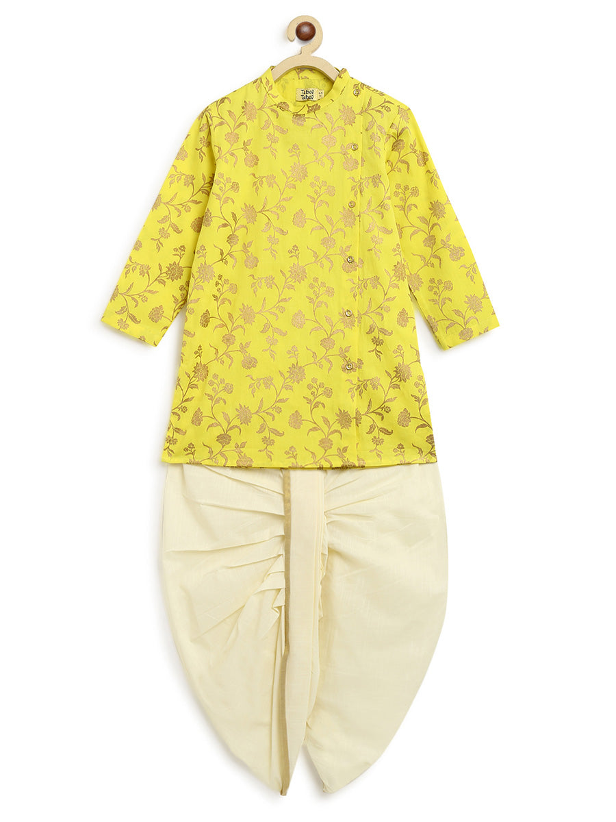 Boys Nawab Dhoti Kurta Cotton Set Gold Print- Yellow - Image 2