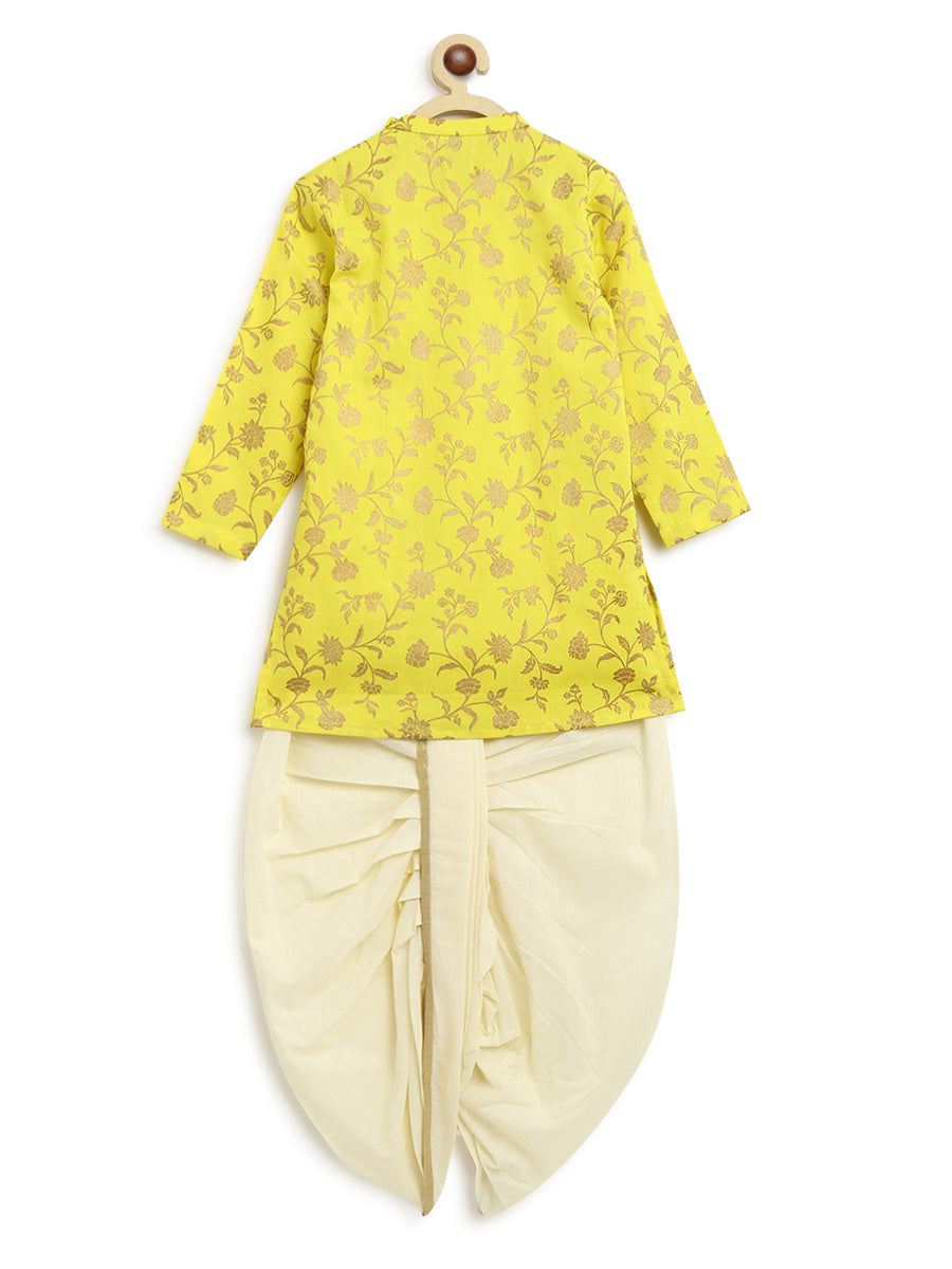 Boys Nawab Dhoti Kurta Cotton Set Gold Print- Yellow