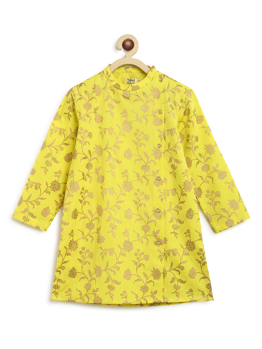 Boys Nawab Dhoti Kurta Cotton Set Gold Print- Yellow - Image 6