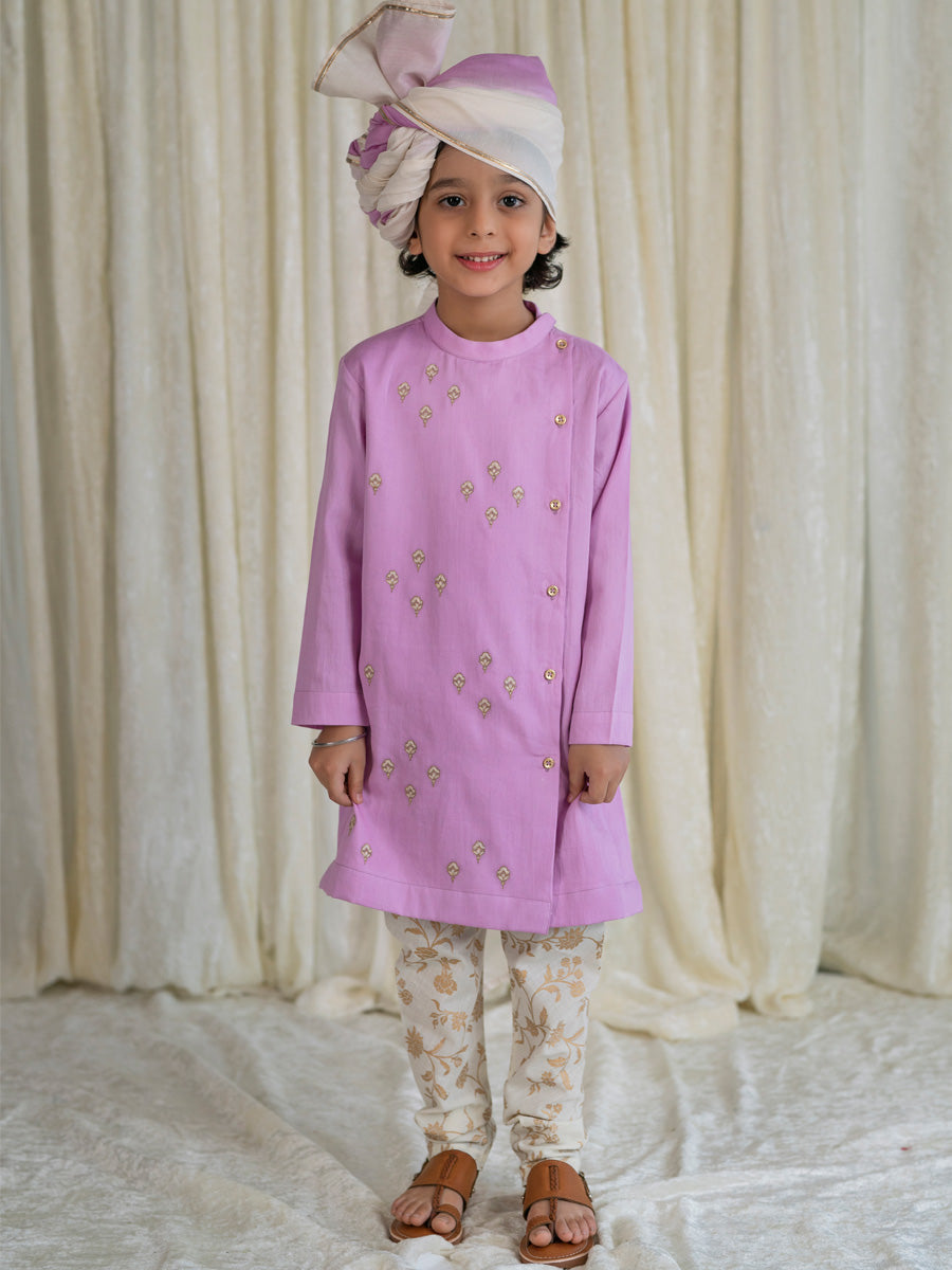Boys Nawab Kurta Pyjama Cotton Set Embroidered- Purple - Image 2