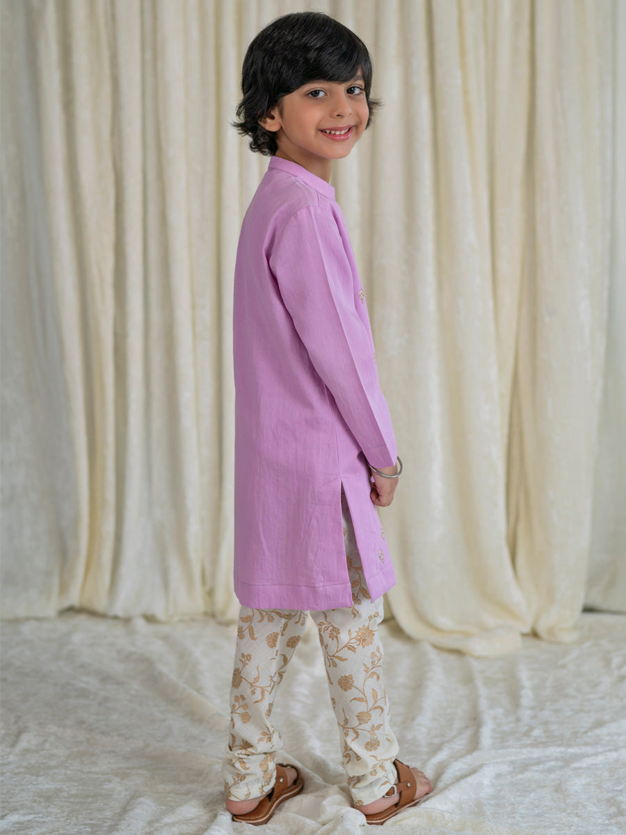 Boys Nawab Kurta Pyjama Cotton Set Embroidered- Purple - Image 3